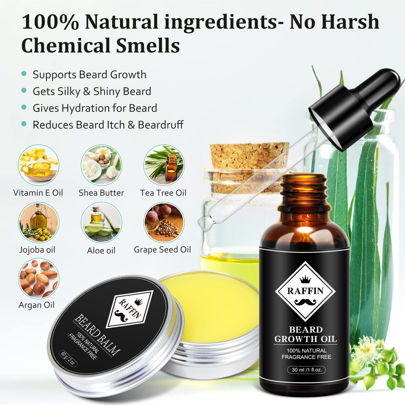 RAFFIN Beard Growth Kit for Men - Natural Beard Oil, Balm, Comb & Massager - Stimulate Growth for Fuller, Thicker & Healthier Beards - Perfect Gift for Boyfriend, Husband or Dad - Great for Patchy Beards & Daily Grooming Routine