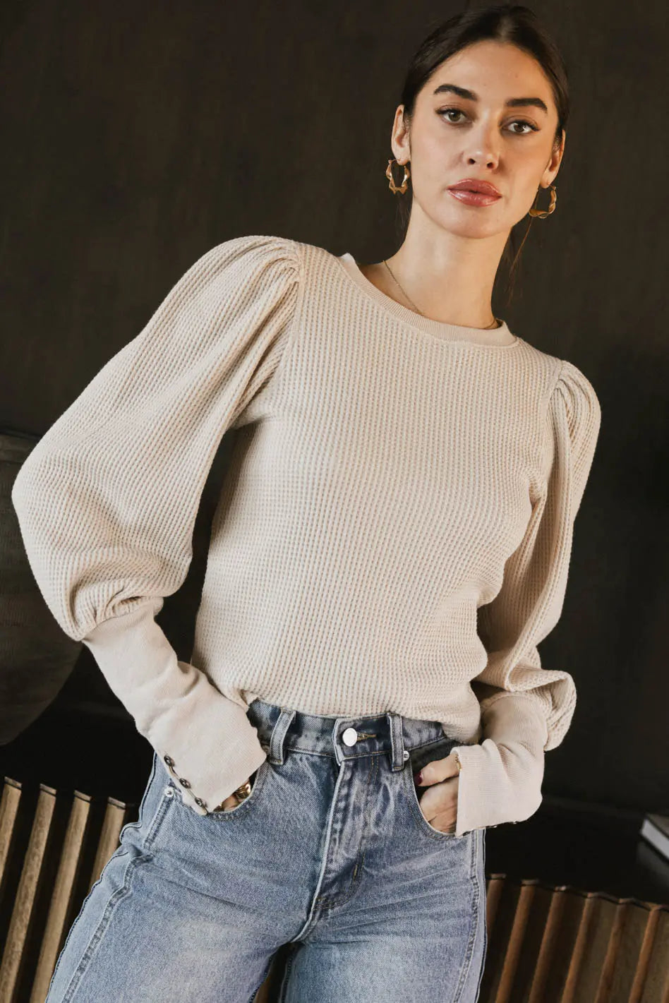 Lettie Cream Waffle Knit Top for Women - Soft & Comfortable Casual Shirt - Perfect for Everyday Wear, Layering, and Fall Outfits