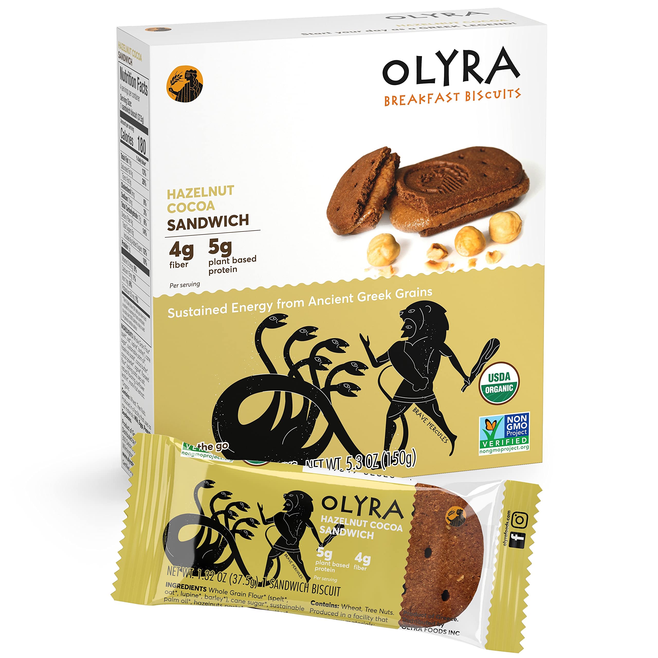 Olyra Organic Breakfast Biscuit Sandwiches with Hazelnut Cocoa - Healthy Low-Sugar High Fiber Snacks for Kids | 4 Pack | Perfect for School Lunches & After-School Treats