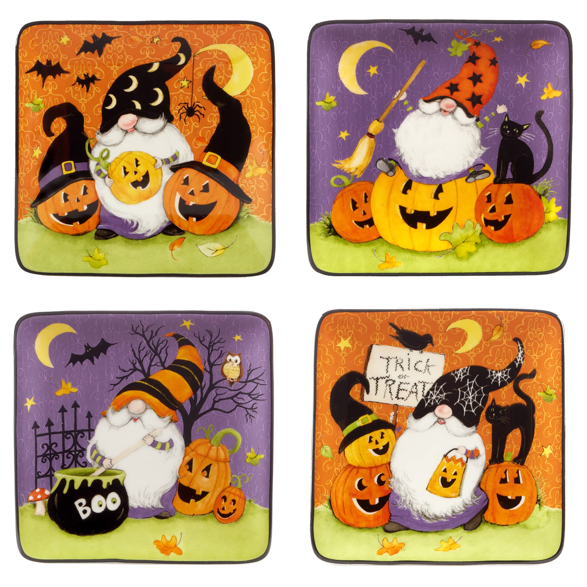 Halloween Gnome 6-Inch Square Plates - Set of 4 Colorful Small Appetizer Dishes for Halloween Party, Dinner, or Luncheon | Certified International