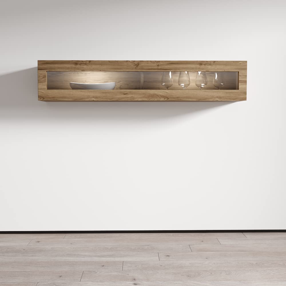 Modern Floating Media Cabinet with LED Lights - Durable Wooden Wall-Mounted Storage Unit - High Gloss Finish Oak TV Stand for Living Room & Bedroom - Perfect for Organizing Electronics & Home Decor