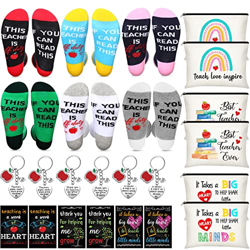 Pasimy 24-Piece Graduation & Teacher Appreciation Gift Set - 6 Pairs Unisex Socks, 6 Makeup Bags, 6 Inspirational Notepads & 6 Keychains - Classic Colors - Perfect for Thank You Gifts, Classroom Rewards & Student Graduation Presents