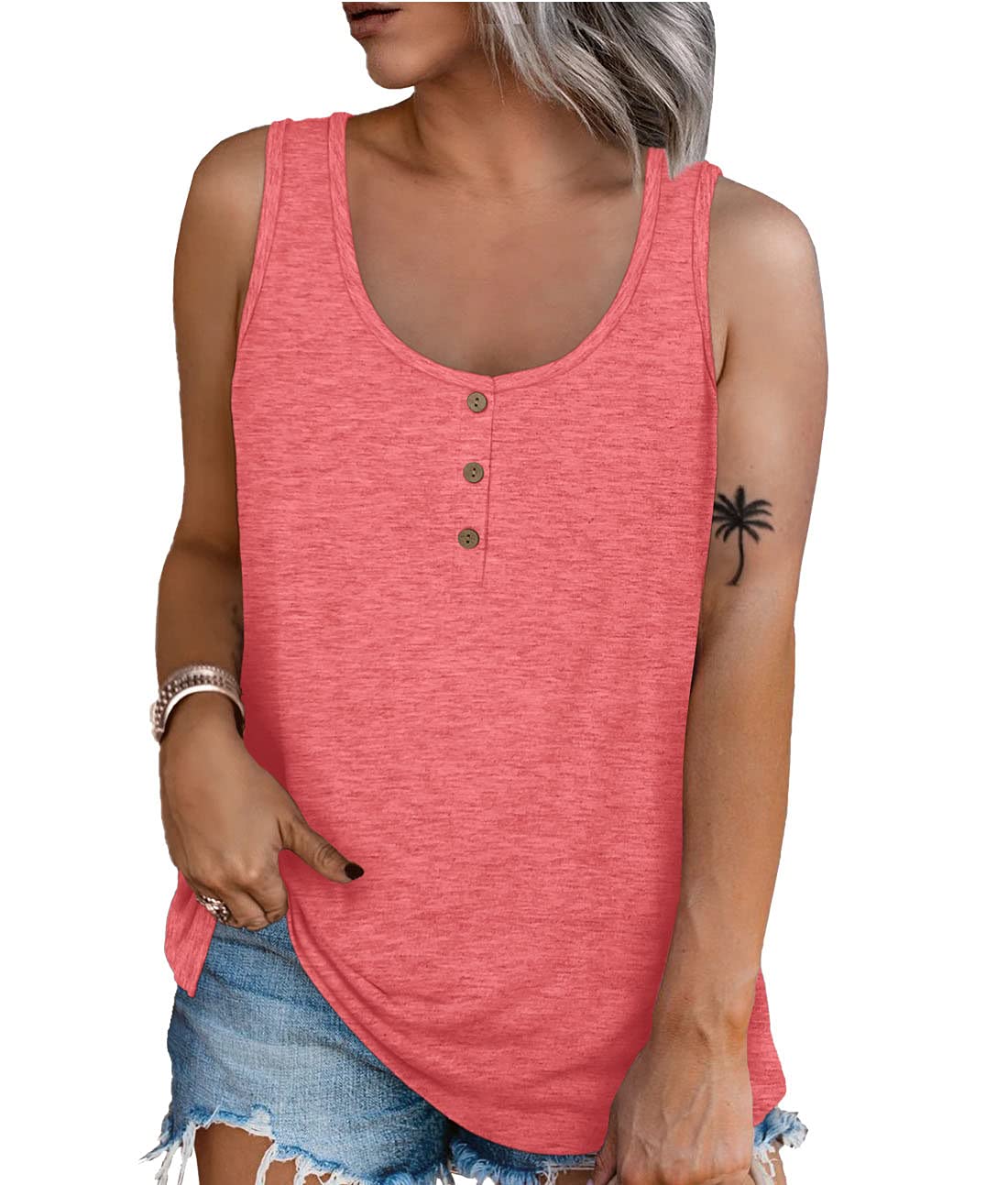 WIHOLL Women's Henley Tank Tops - Sleeveless Summer Tunic Blouse with Button Down Design | Casual Comfort Shirt for Beach, Travel & Everyday Wear