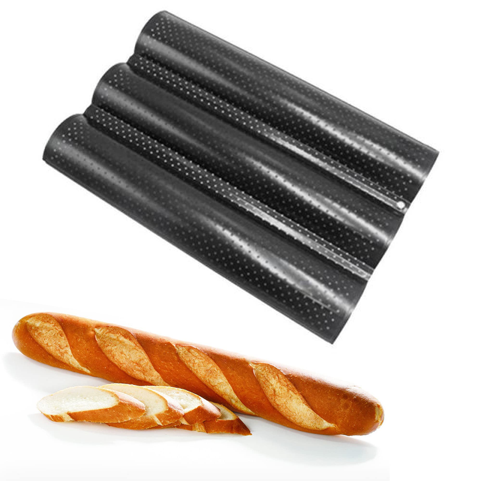 Non-Stick Carbon Steel French Bread Baguette Pan - 3 Loaf Perforated Baking Tray for Homemade Pastry, Baguettes & Artisan Bread | Perfect for Bakeries, Home Kitchens & DIY Bread Making (Black)