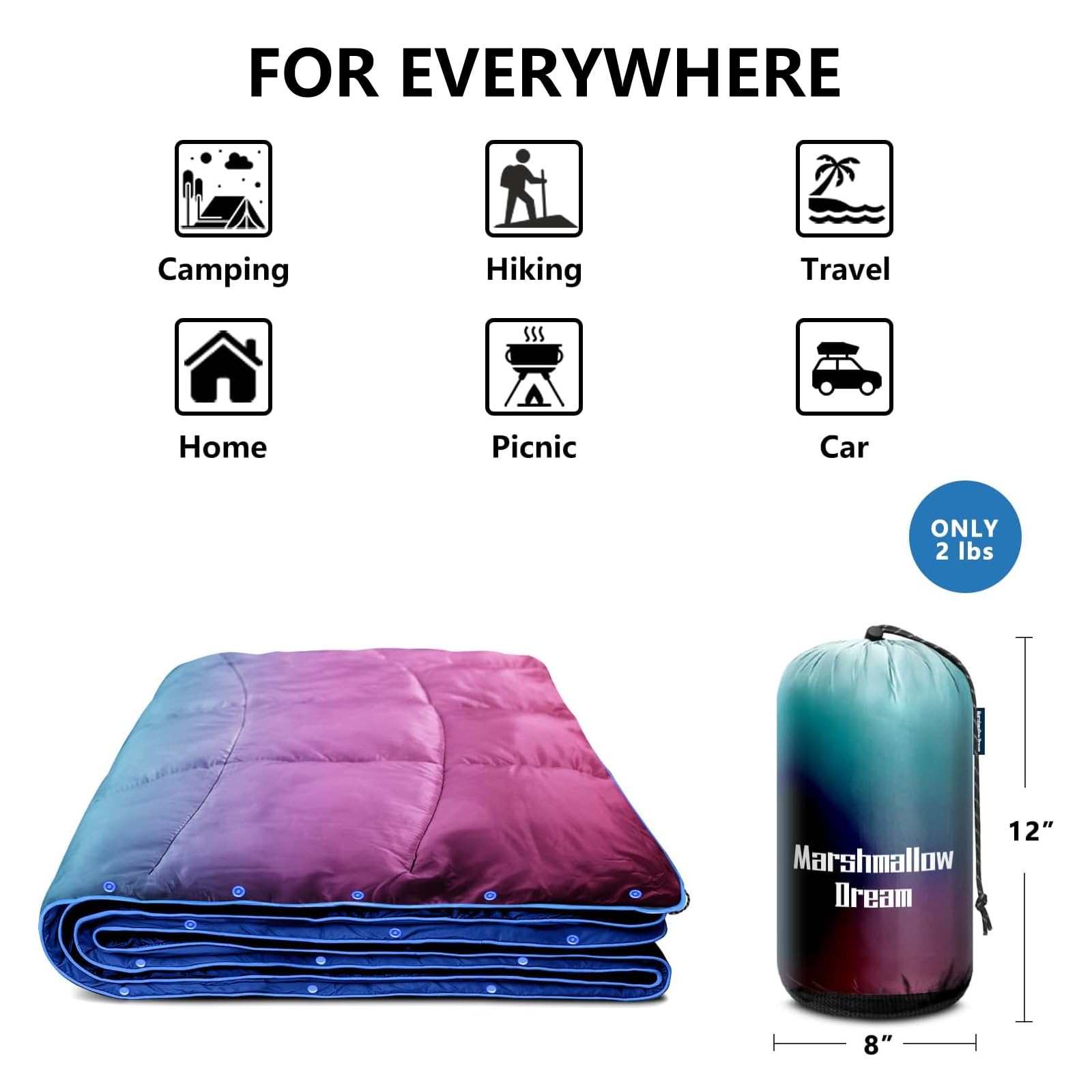 Packable Puffy Down Alternative Camping Blanket - Lightweight, Windproof Outdoor Blanket for Hiking, Backpacking, Beach, Picnic & Stadium (52x75 inches) - Perfect for Camping Trips, Outdoor Adventures & Sporting Events