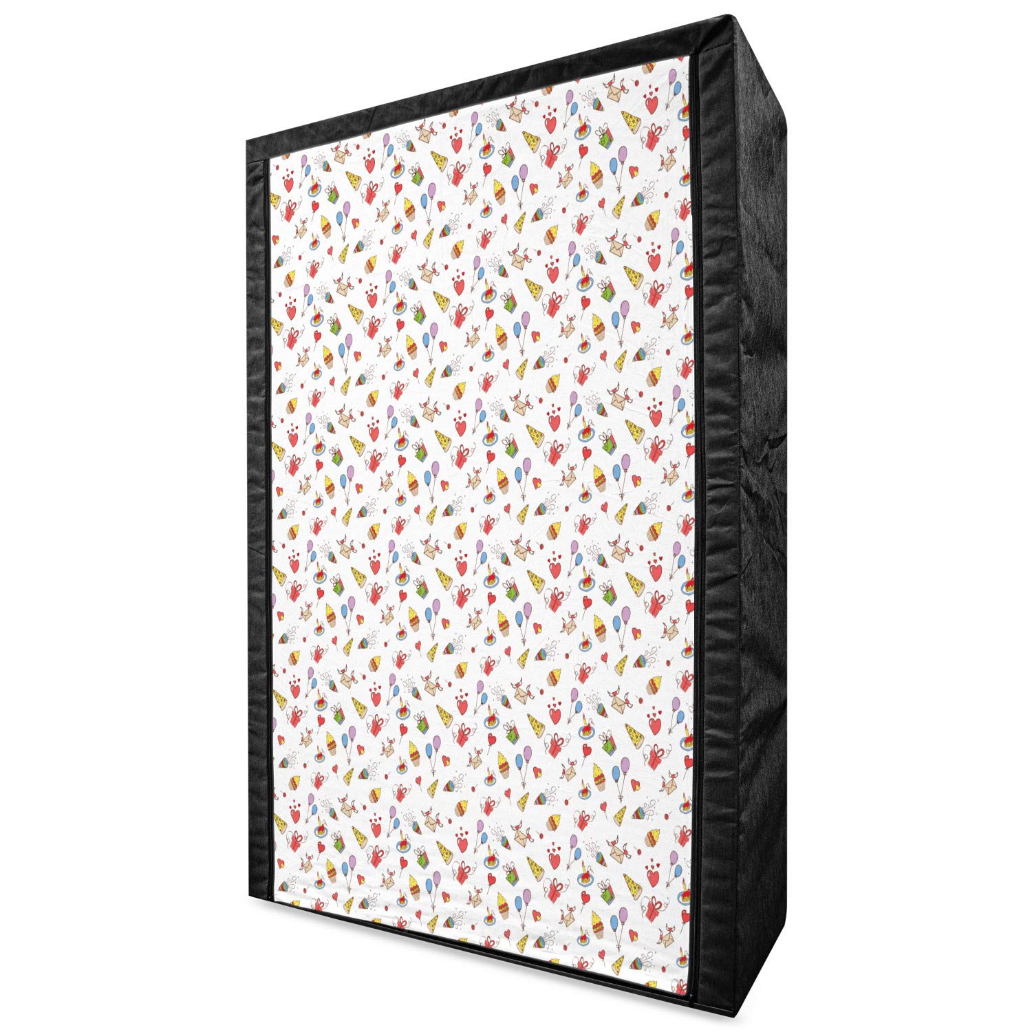 Ambesonne Birthday Portable Fabric Wardrobe - Hand Drawn Party Cupcakes, Hearts & Hats Design - 42.5 Inch Multicolor Clothing Organizer with Shelves | Perfect for Bedroom Storage, Party Decor & Gift Wrapping Station