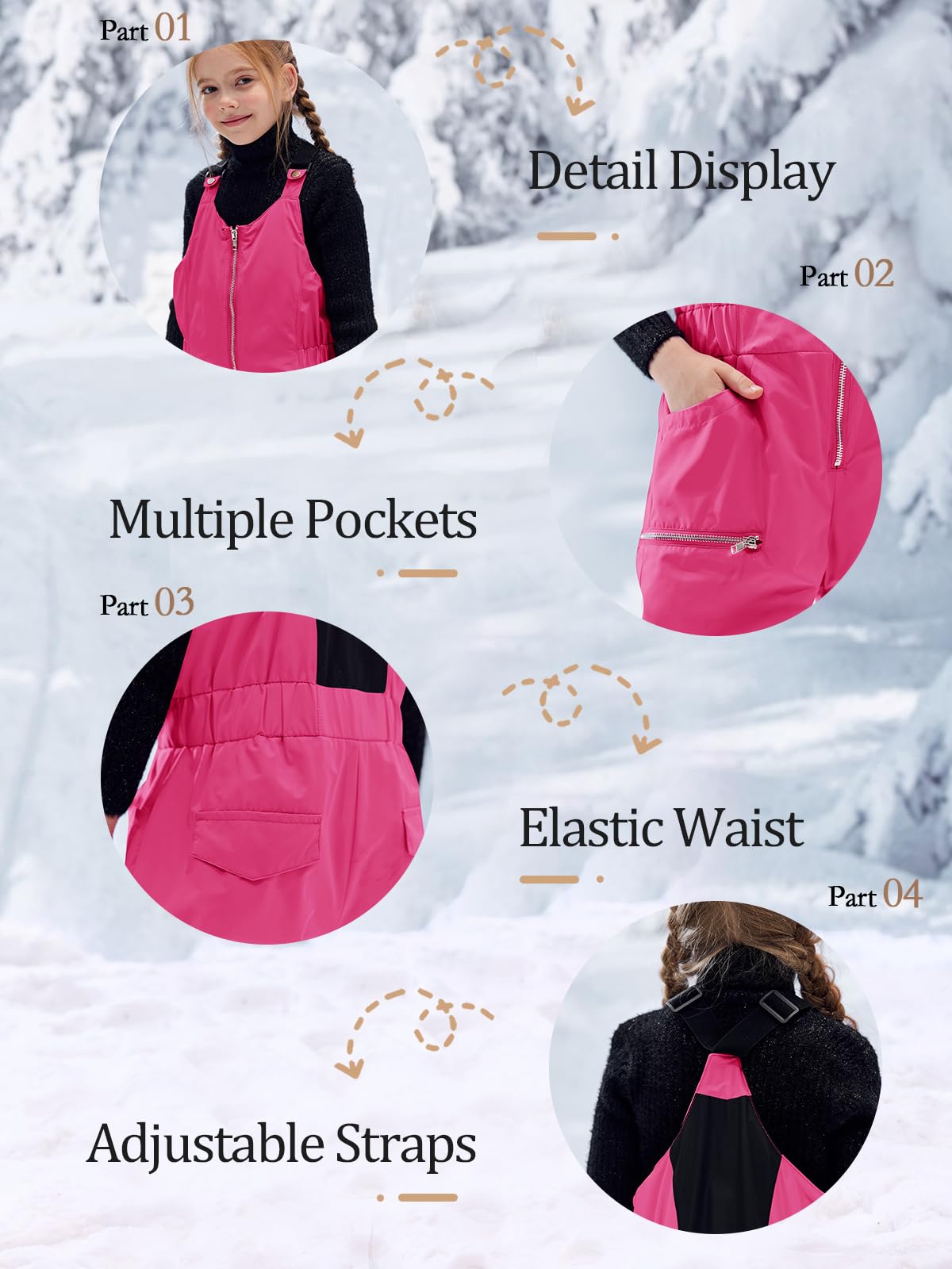 Haloumoning Kids Snow Bibs for Girls - Waterproof Insulated Snow Pants & Overalls for Skiing, Snowboarding (Ages 5-14) - Perfect for Winter Sports & Outdoor Play