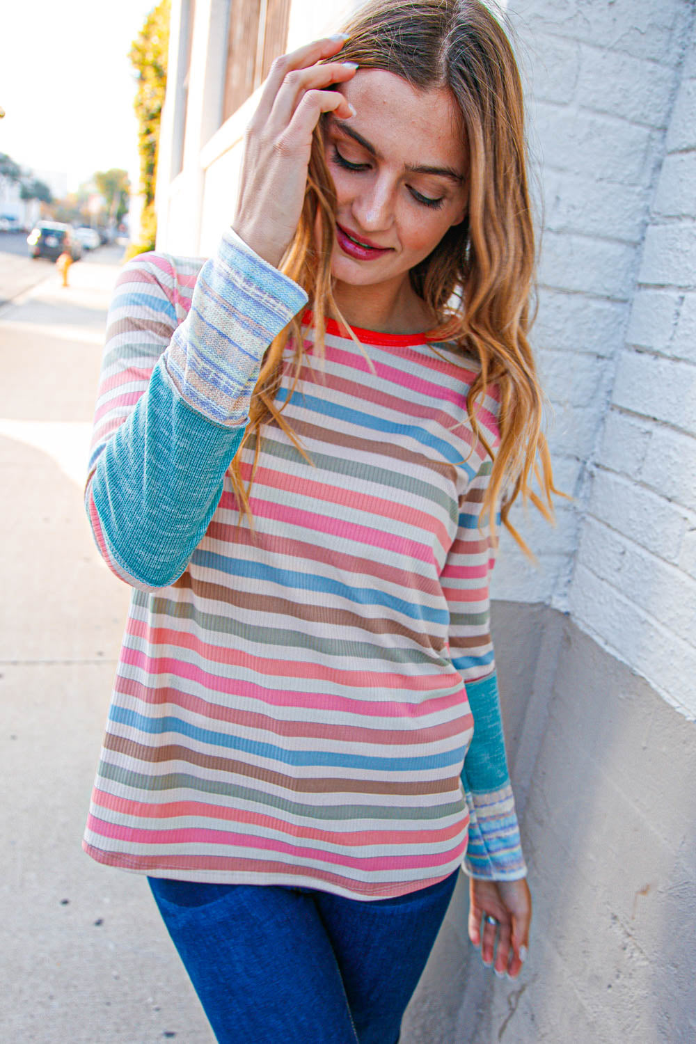 Coral Taupe Striped Ribbed Knit Top with Side Seam Detail - Casual Chic Blouse for Women, Perfect for Office, Date Night & Weekend Outings