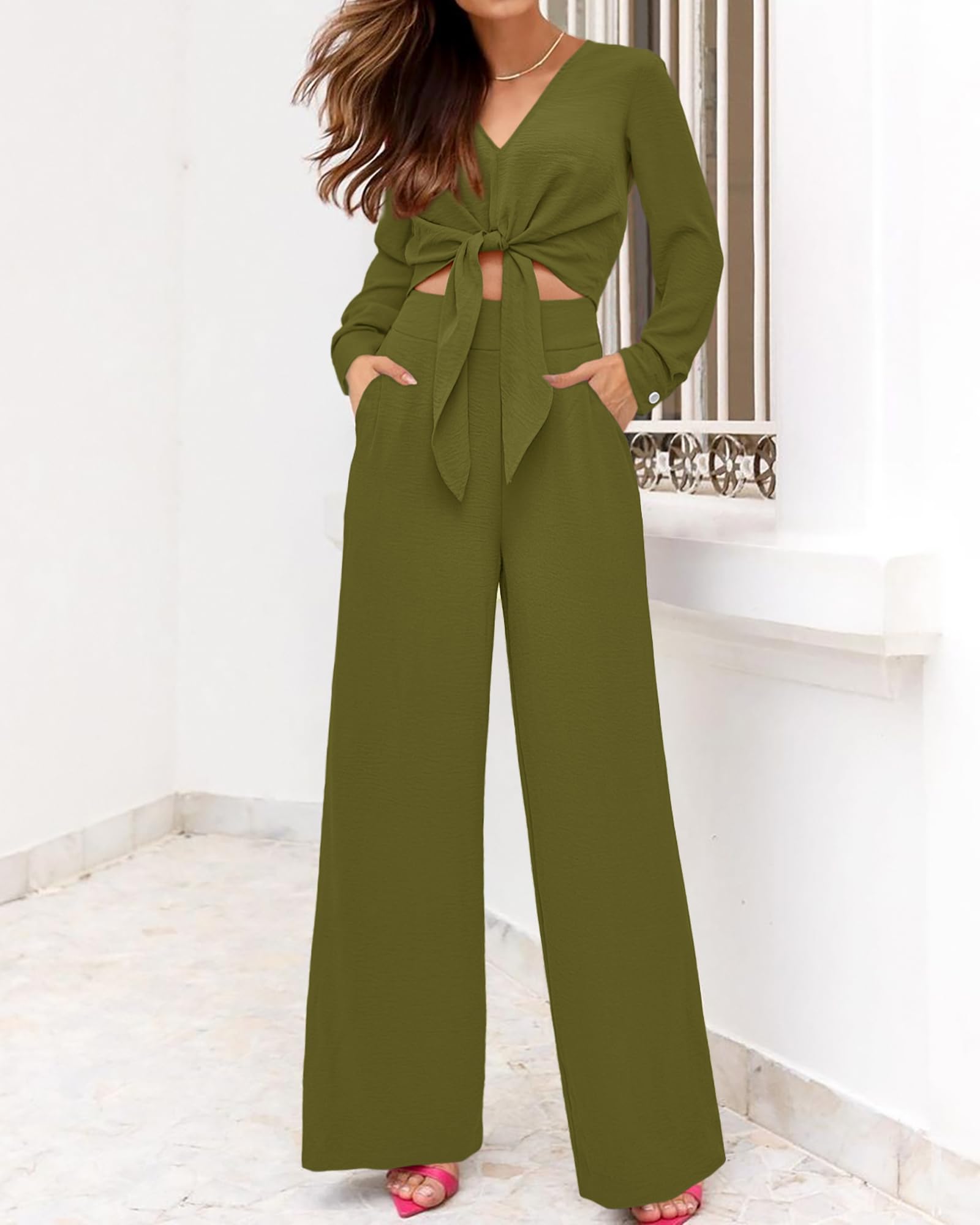 PRETTYGARDEN Women's 2 Piece Outfit Set - 2025 Spring Summer Casual Long Sleeve V Neck Crop Top with Wide Leg Palazzo Pants | Lounge Wear, Street Style, Office Outfits & Vacation Clothes