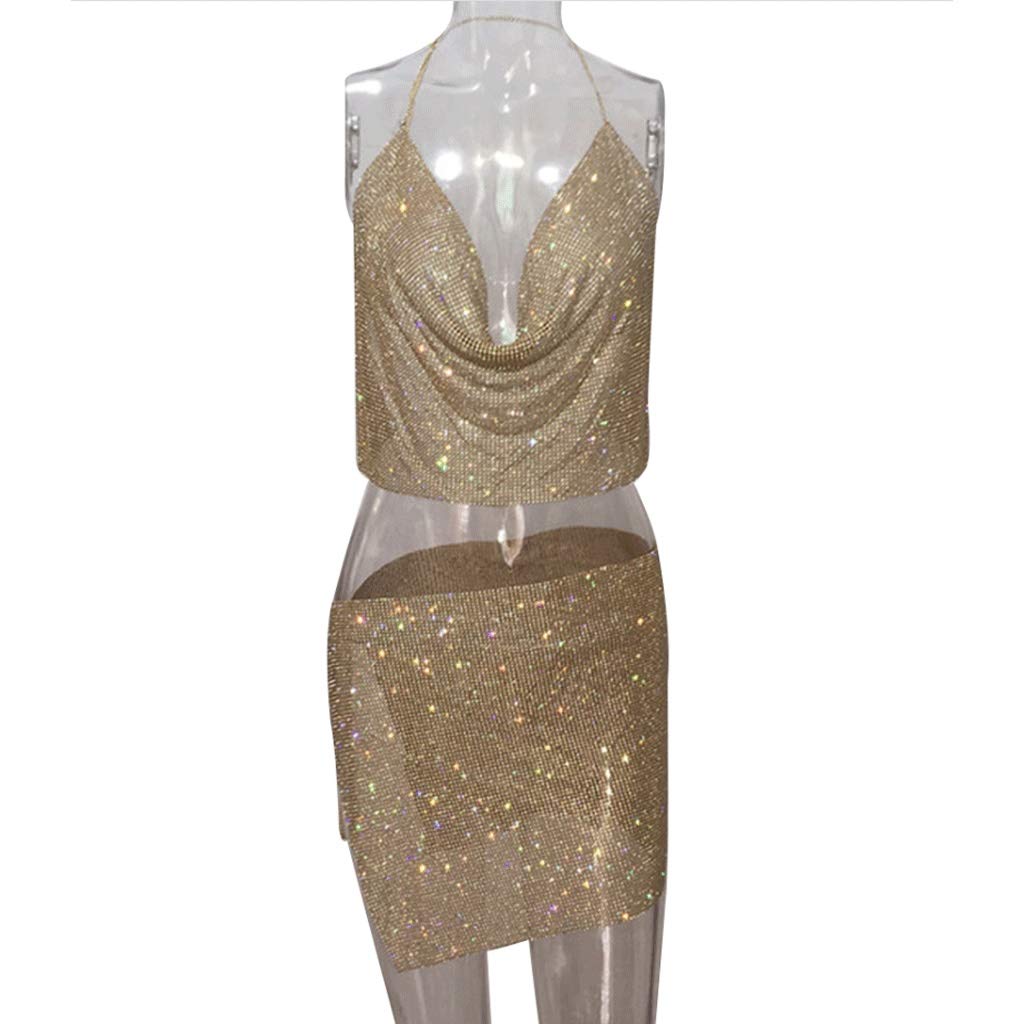 ZAJ Women's Sexy Rhinestone Sequin 2-Piece Outfit - Backless Deep V Crop Top & Metal Split Mini Skirt Set for Party, Bar, Nightclub, Date Night, Bachelorette, and Special Occasions (Gold)