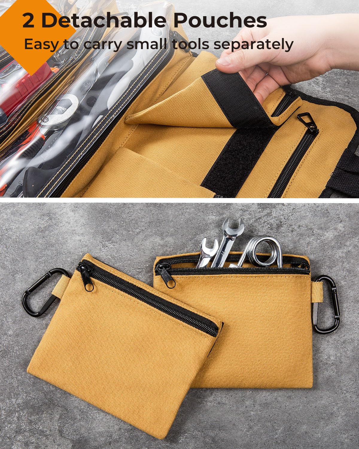 Heavy Duty 18oz Canvas Tool Roll Bag with 4 Clear Pockets & 2 Detachable Pouches - Professional Organizer for Mechanics, Electricians, DIY Enthusiasts - Perfect for Workshop, Garage, and On-the-Go Repairs