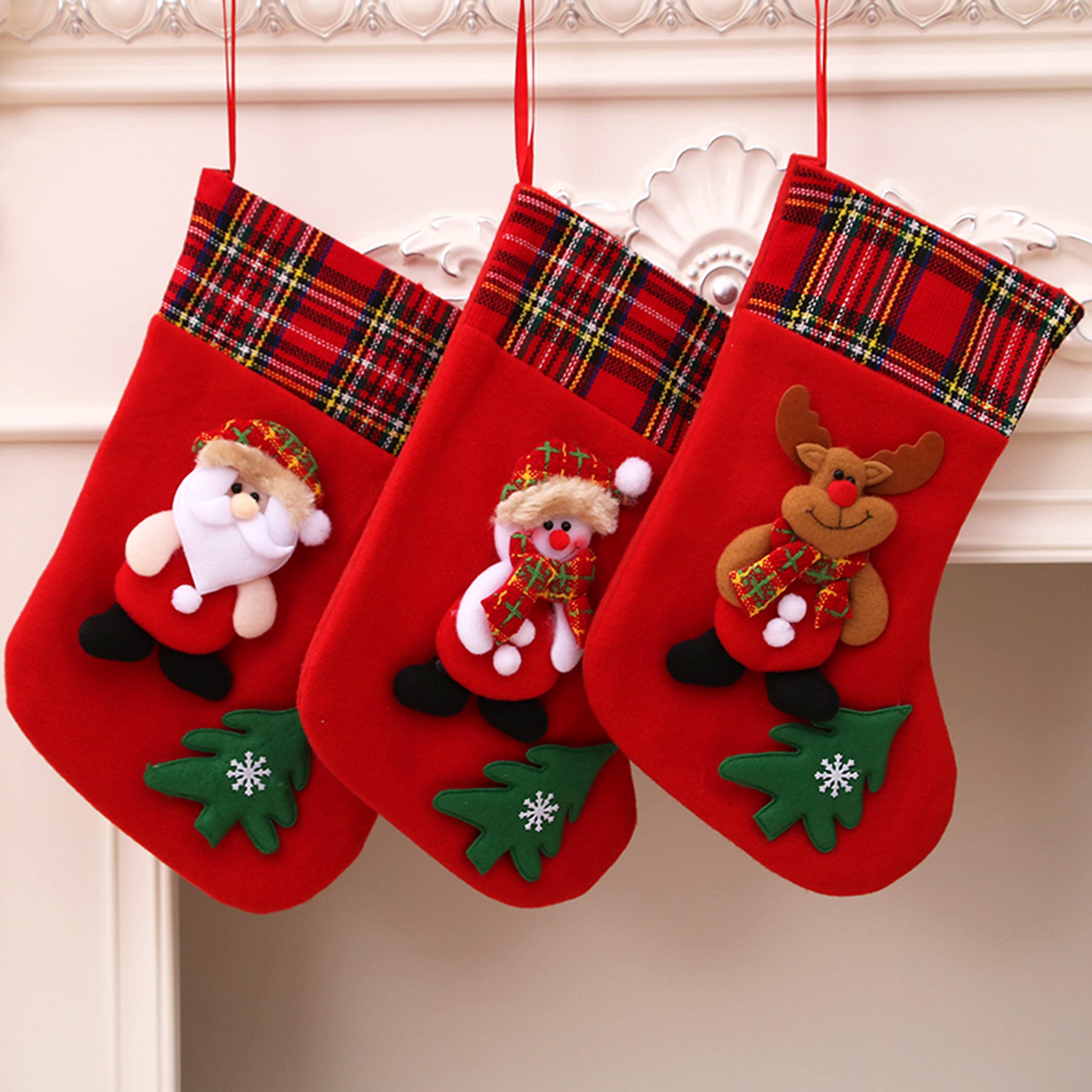 Easfan 12 Inch Christmas Stockings Set of 3 - Festive Santa Snowman Reindeer Pattern Holiday Socks for Family Gifts, Winter Decor & Fireplace Ornaments | Perfect for Christmas Parties, Home Decorations and Seasonal Fireplace Hanging
