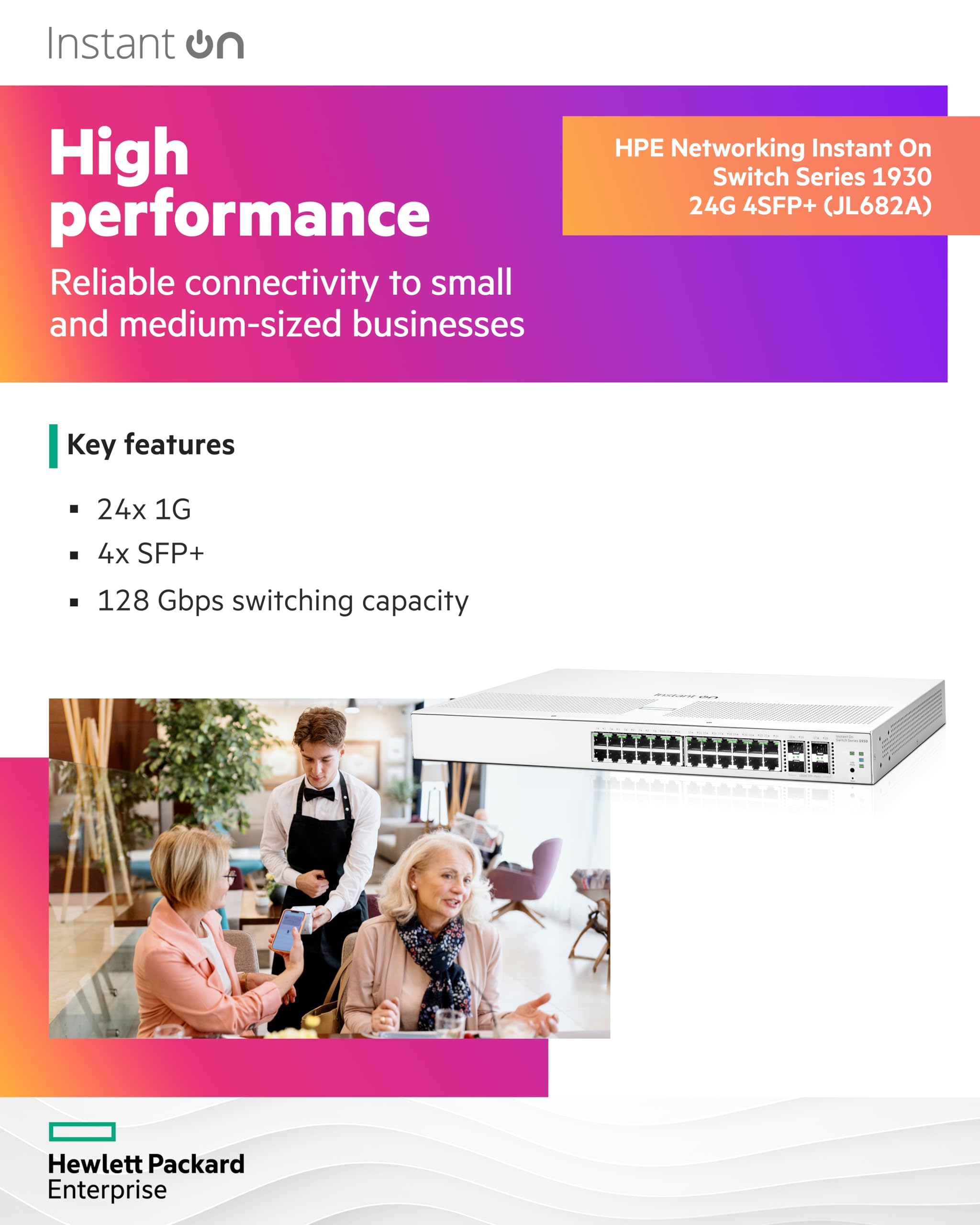 HPE Networking Instant On 1930 24-Port Gigabit Smart Managed Layer 2+ Ethernet Switch | 24x 1G Ports, 4x SFP+ Uplinks | UK Power Cord (JL682A#ACC) | Ideal for Small Business Networks & Office IT Infrastructure