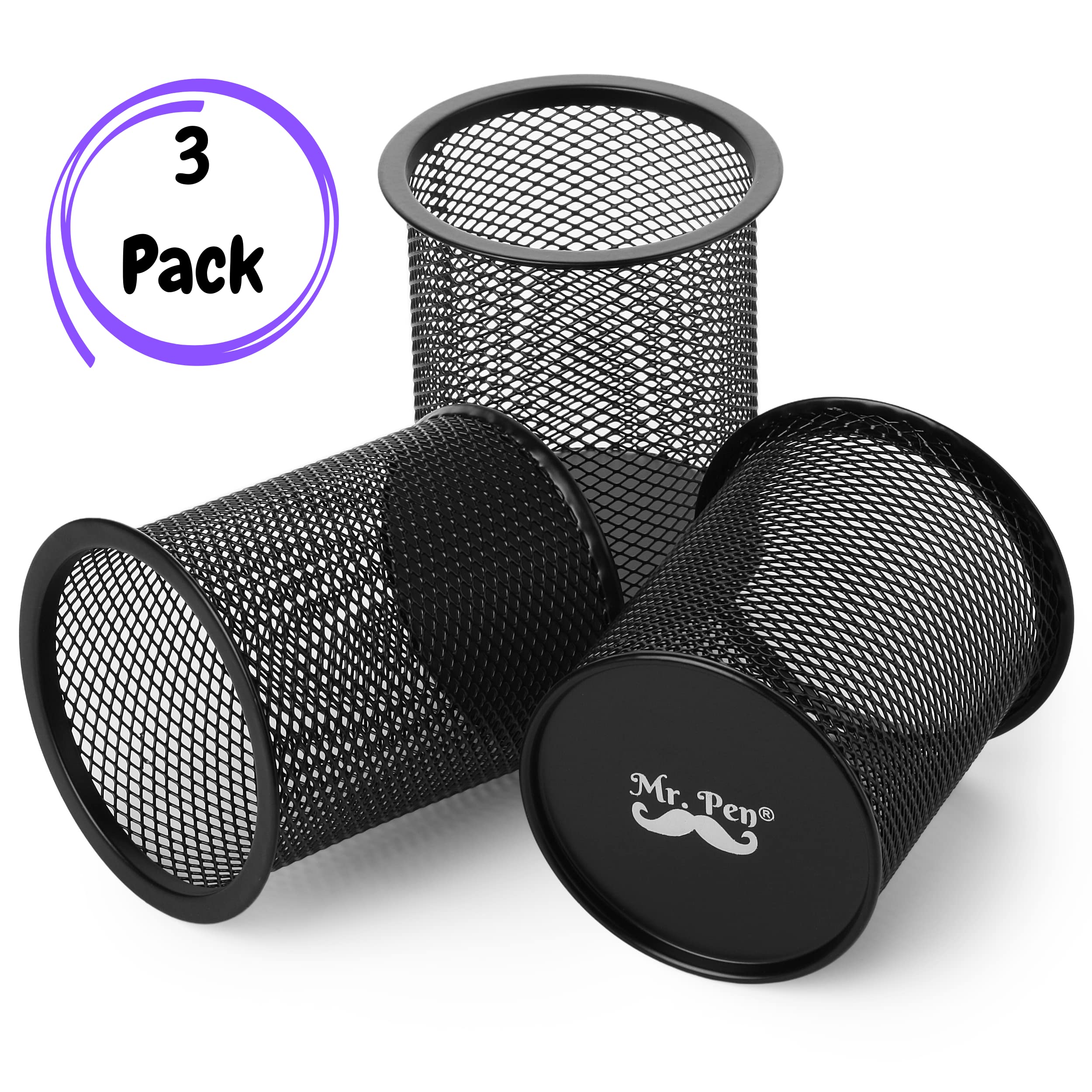 Mr. Pen - 3 Pack Metal Mesh Pencil Cup Holder, Black Desk Organizer for Pens, Pencils & Office Supplies | Perfect for Home, Office & School Workspace Organization