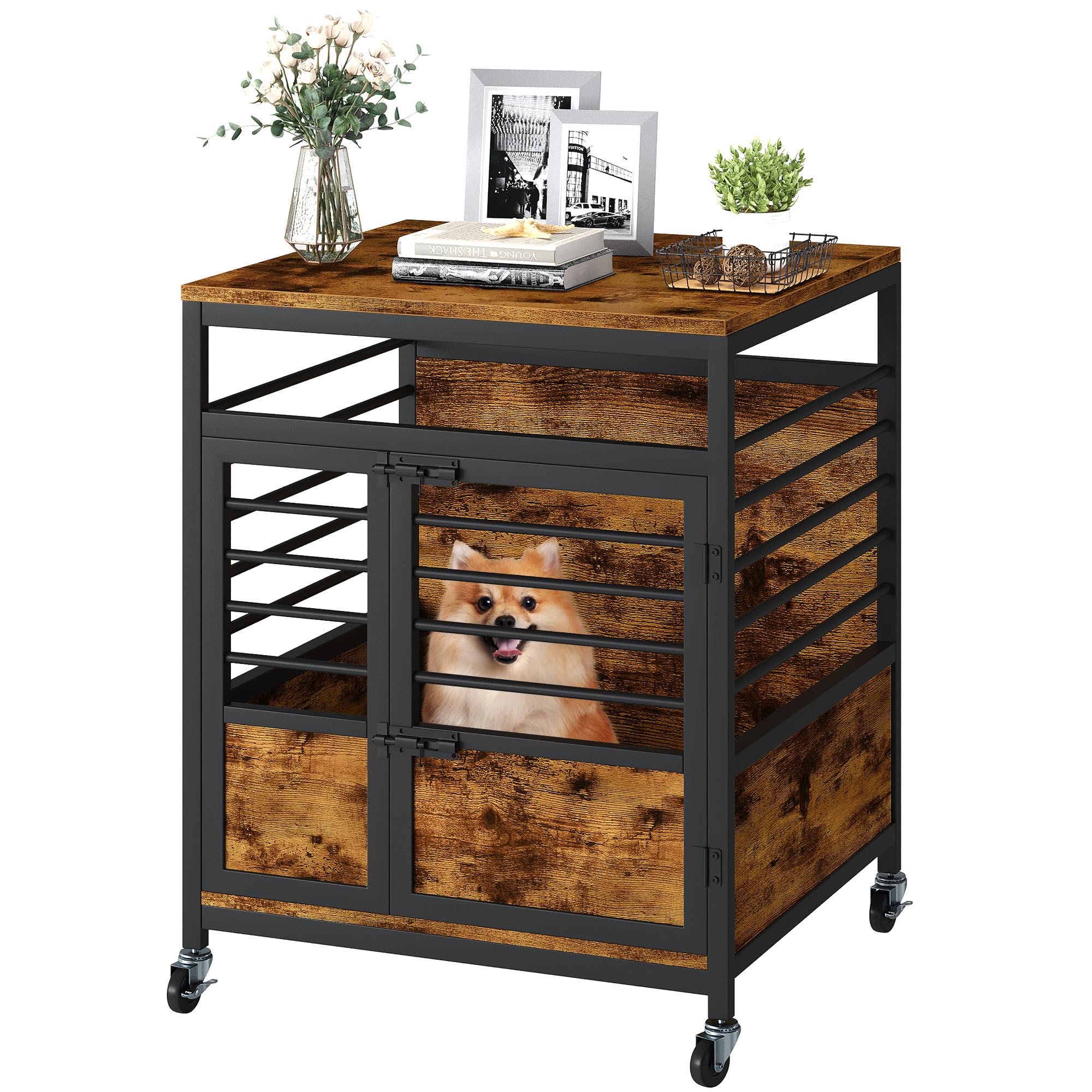 DWVO 24 Inch Rustic Brown Dog Crate Furniture - Modern Wooden Indoor Kennel with Wheels, Chew-Resistant End Table for Small to Medium Dogs | Perfect for Living Room, Bedroom & Home Decor