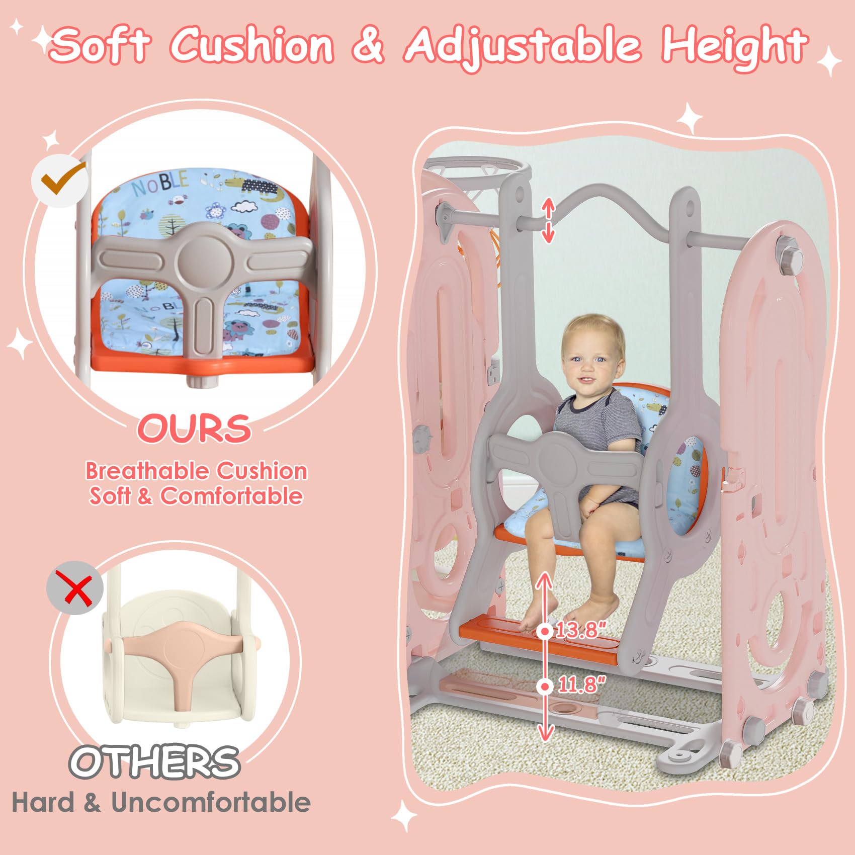 BIERUM 5-in-1 Toddler Slide and Swing Set with Basketball Hoop - Indoor/Outdoor Playground for Kids Ages 1-3 (Pink & Orange) - Perfect for Backyard, Playroom, and Preschool Activities