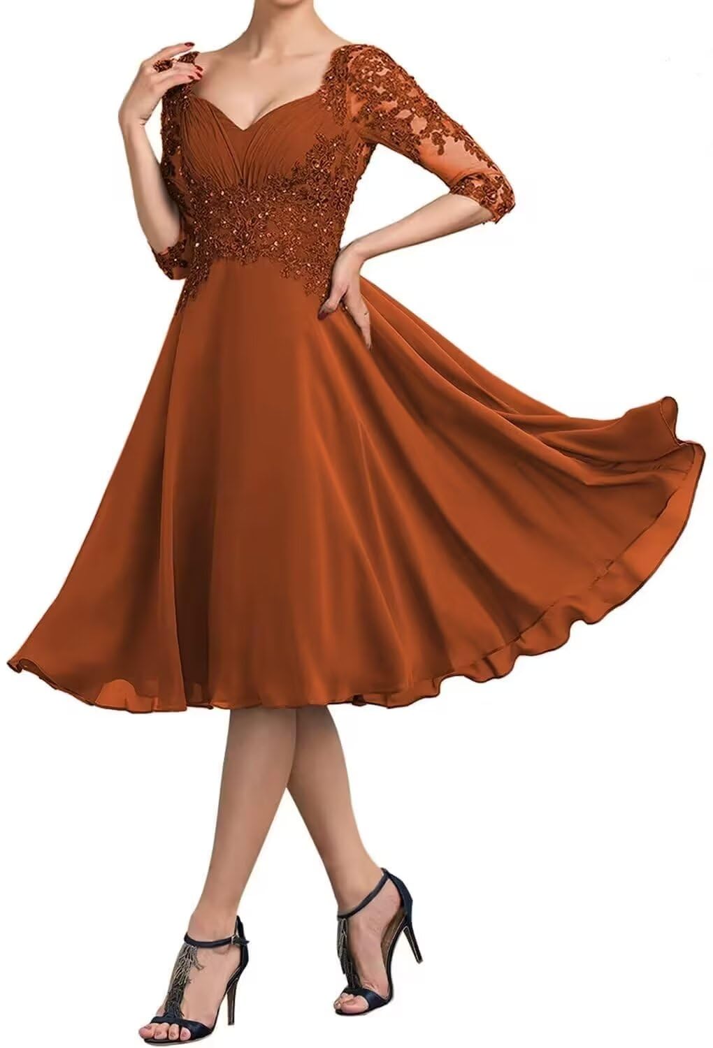 Elegant Mother of The Bride Dress - Tea Length Chiffon Formal Gown with Lace Appliques & 3/4 Sleeves for Wedding Guest | Perfect for Evening Ceremonies, Receptions & Special Occasions
