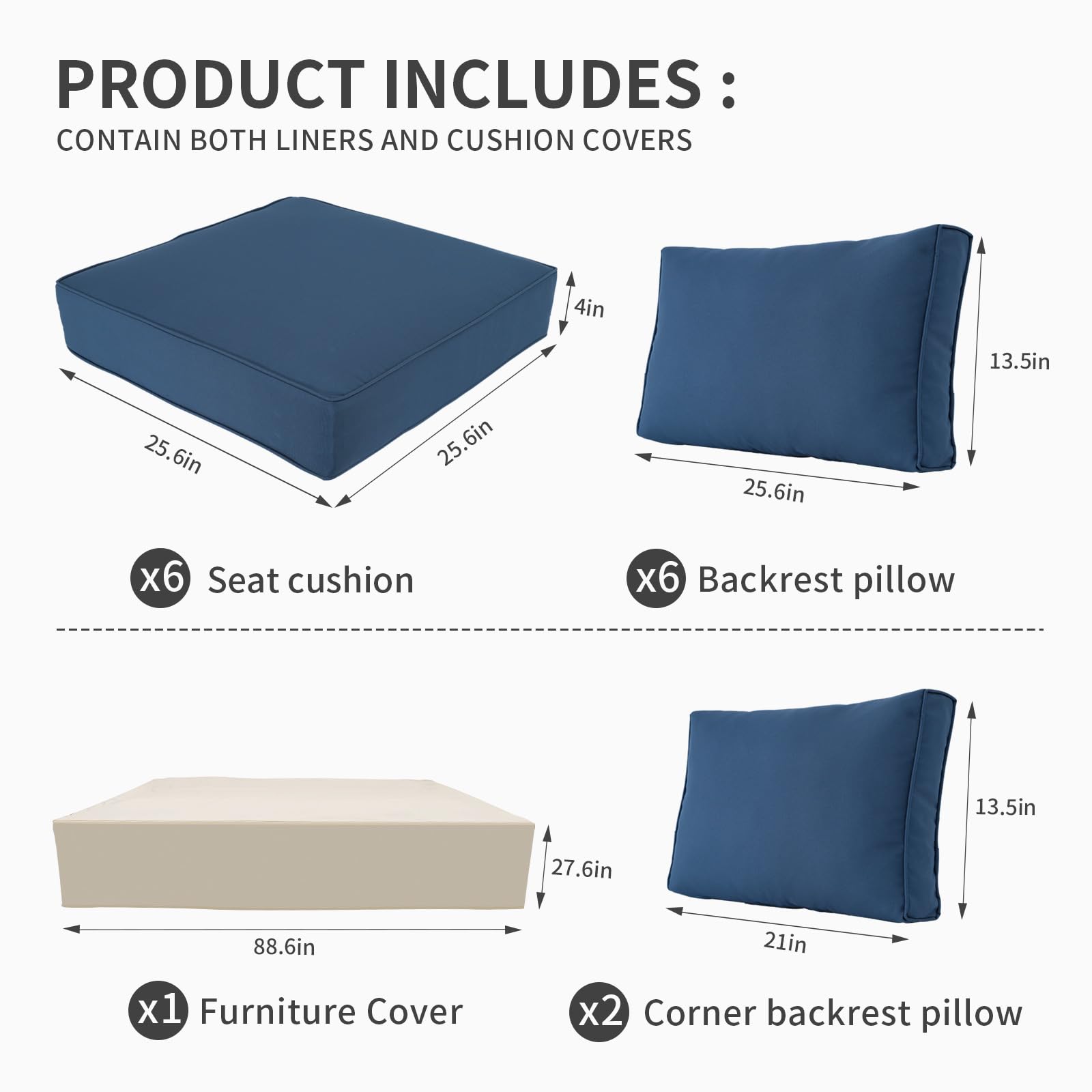 Valita 14-Piece Outdoor Replacement Cushions Set for 6-Seat Sectional Rattan Furniture - Water-Resistant Patio Sofa Cushions with Liner & Cover (Navy Blue) - Perfect for Backyard, Poolside, and Garden Conversation Areas