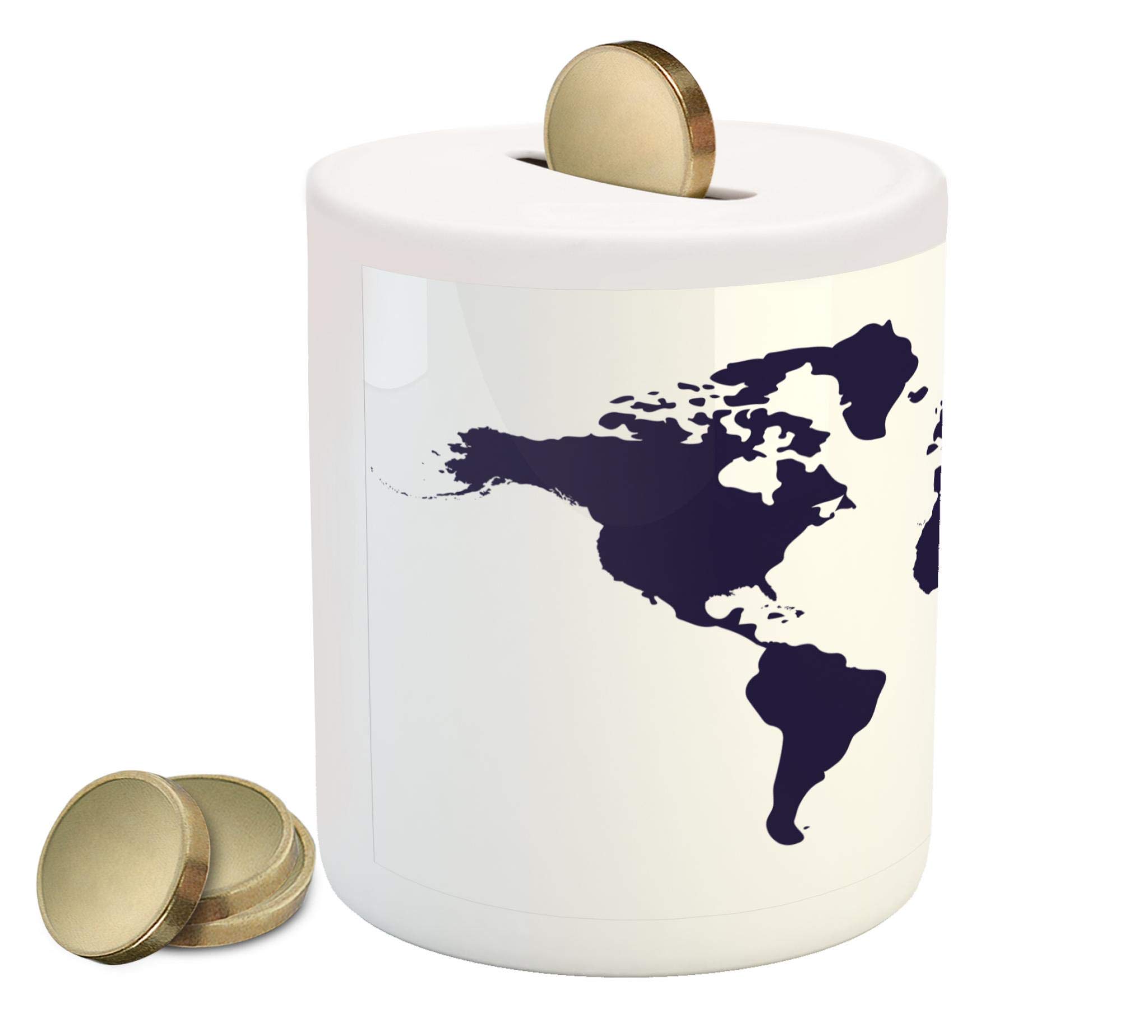 Ambesonne World Map Piggy Bank - Indigo Blue Ceramic Coin Bank with Vivid Global Map Design for Cash Saving | Perfect Gift for Travel Lovers & Geography Enthusiasts | Home Decor, Kids Savings, Office Desk Accessory