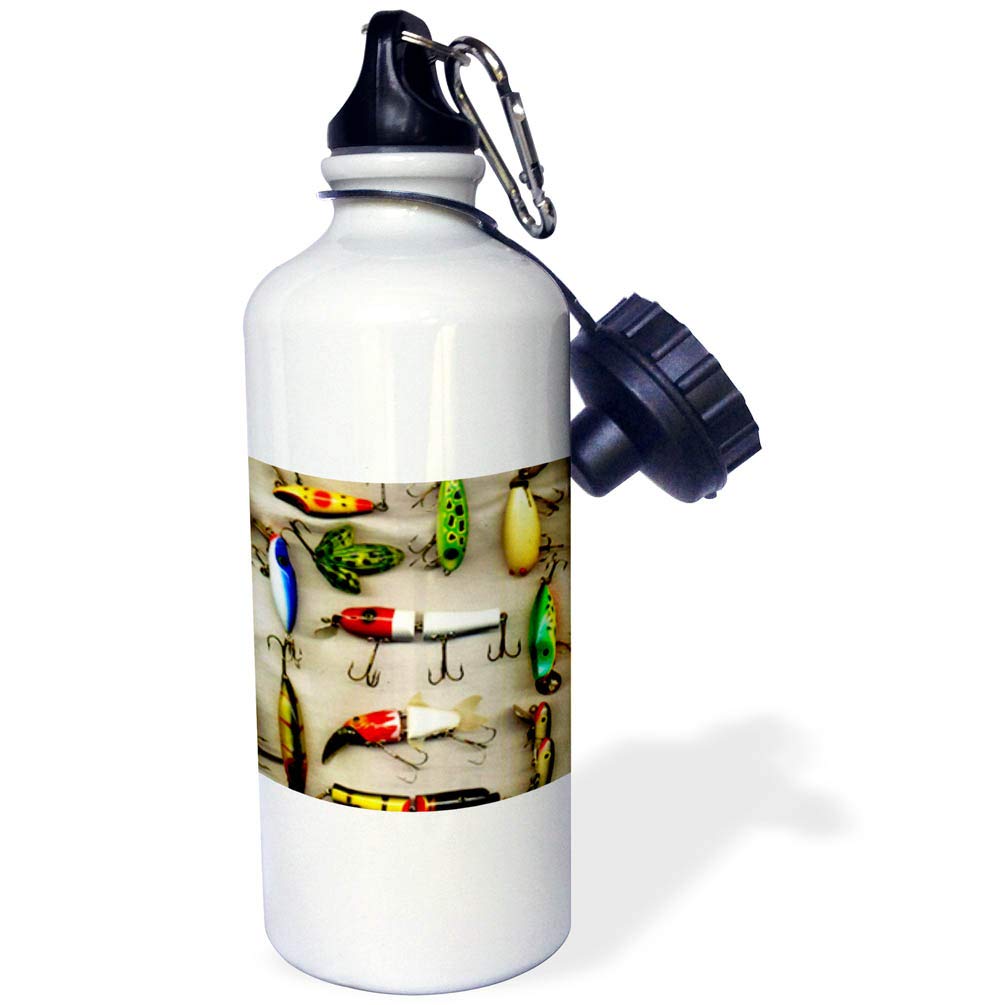 3D Rose Vintage Fishing Lures Design Sports Water Bottle - 21oz Insulated White Bottle for Fishing Enthusiasts | Perfect for Outdoor Adventures, Gym & Camping Trips
