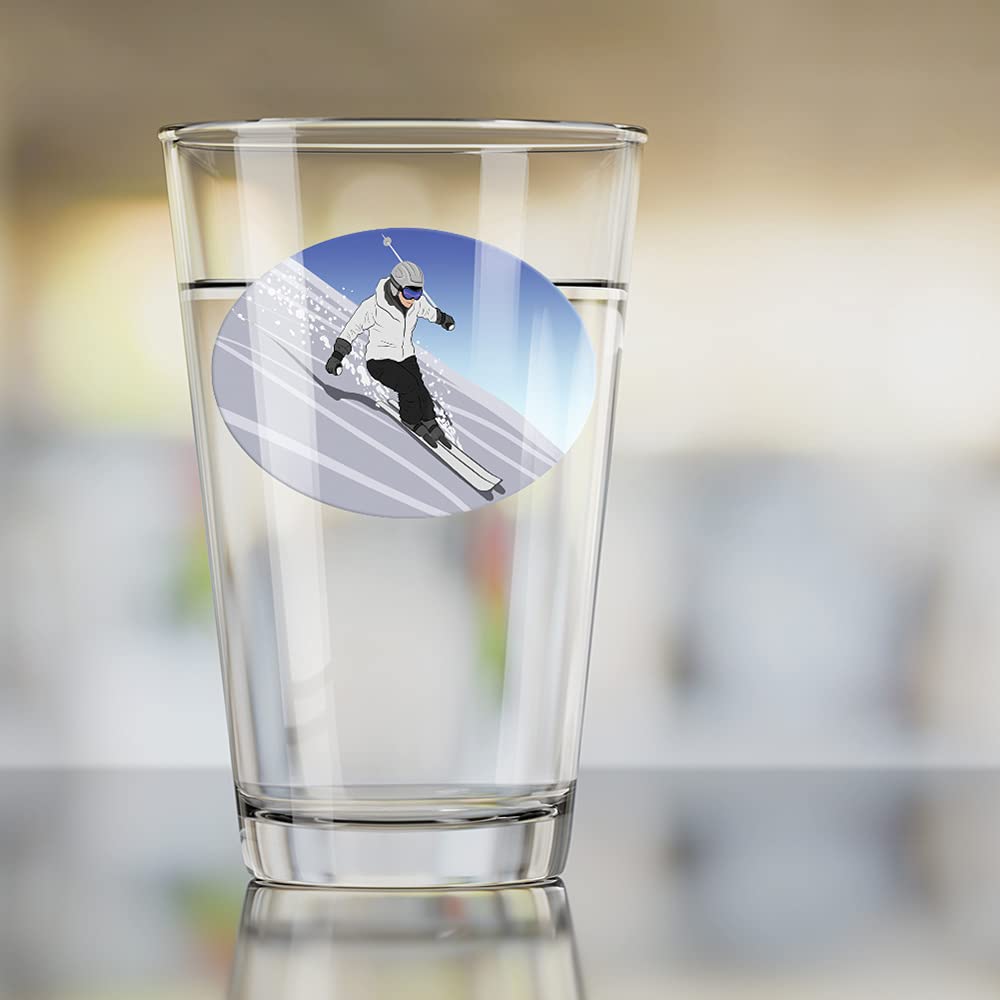 LOGOVISION 16 oz Pint Glass - Tempered Skiing Down Mountain Skier Snow Skis Design - Perfect Fan Gift for Beer, Soda & Cold Beverages - Ideal for Winter Sports Enthusiasts, Après-Ski Drinks & Home Bar Decor