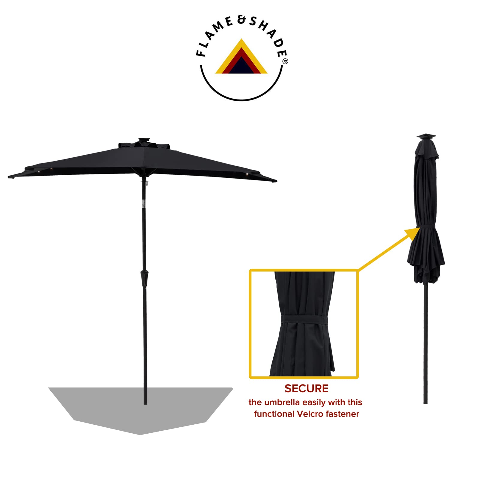FLAME&SHADE 9ft Solar Powered Half Round Patio Umbrella with LED Lights & Tilt - Waterproof Outdoor Market Umbrella for Wall, Balcony, Garden, Deck (Black) | Perfect for Backyard, Poolside & Outdoor Dining