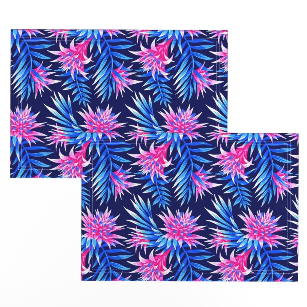 Tropical Floral Jungle Print Linen Cotton Canvas Placemats Set of 2 - Blue Pink Palm Leaf Design Table Mats for Dining Room Decor, Kitchen Table Setting & Outdoor Picnic