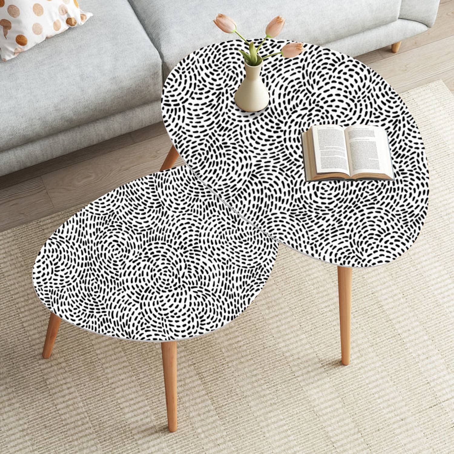Modern Nesting Coffee Table Set of 2 - Minimalist Round & Oval Side Tables in Black/White - Perfect for Living Room, Bedroom, or Office Use