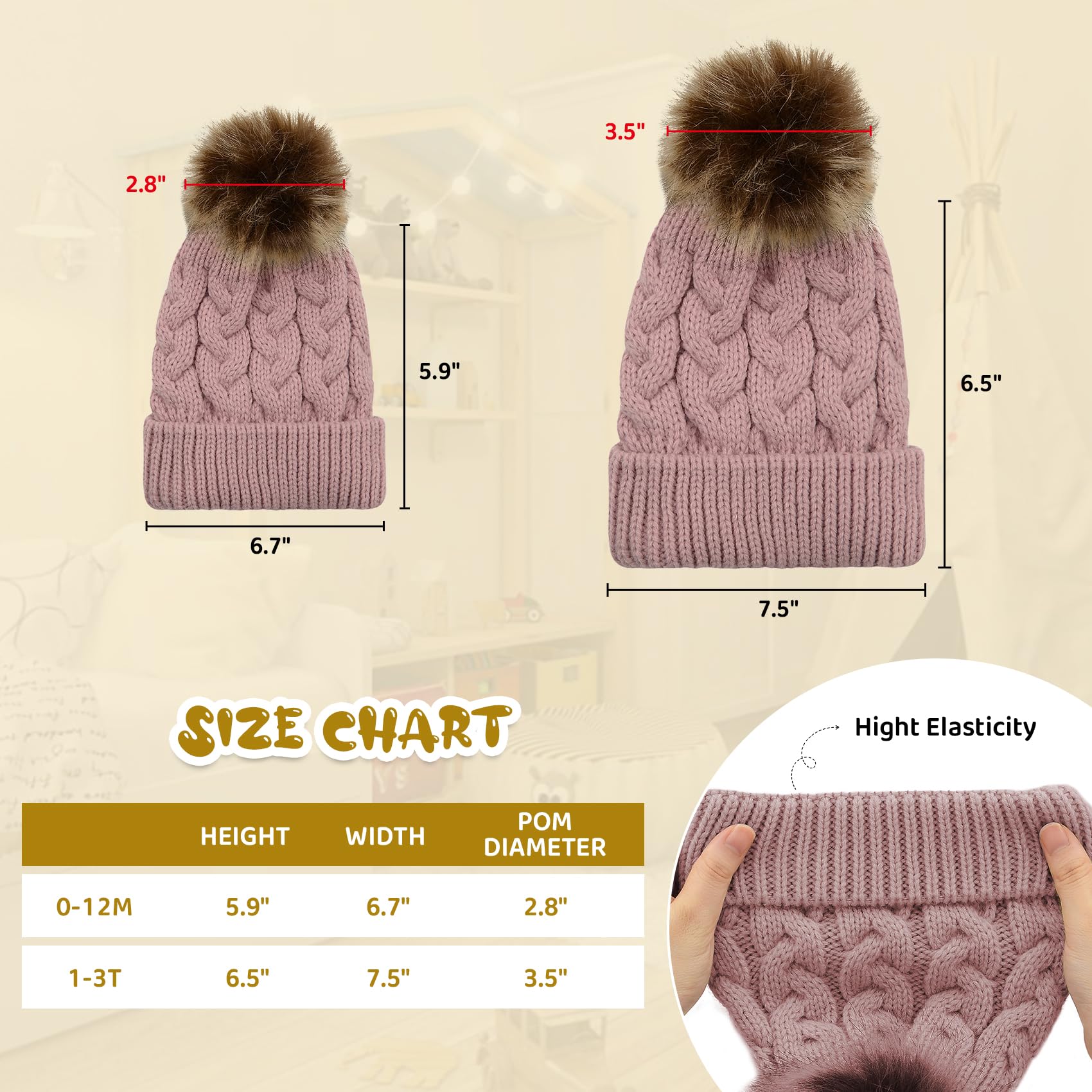 Durio Baby Winter Hat with Pom Poms - Soft Knit Beanie for Newborns & Infants - Warm Winter Hats for Girls & Boys - Perfect for Outdoor Play, Snow Days & Holiday Photos