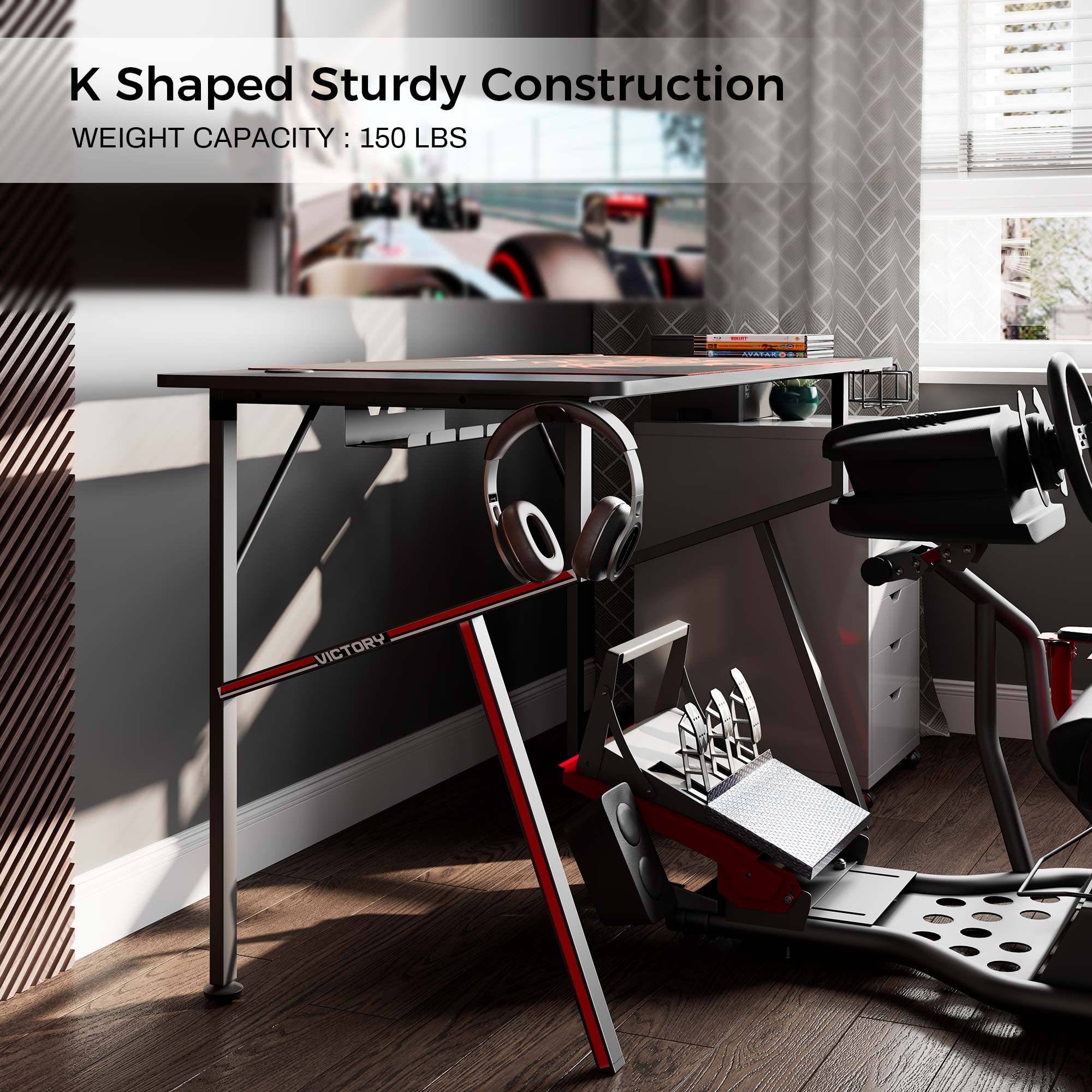 EUREKA ERGONOMIC 55 Inch K-Shaped Gaming Desk with Mouse Pad, Headphone Hook & Cup Holder - Large Computer Desk for Home Office & PC Gamers - Perfect for Gaming Setups, Workstations & Multi-Monitor Setups (Black)