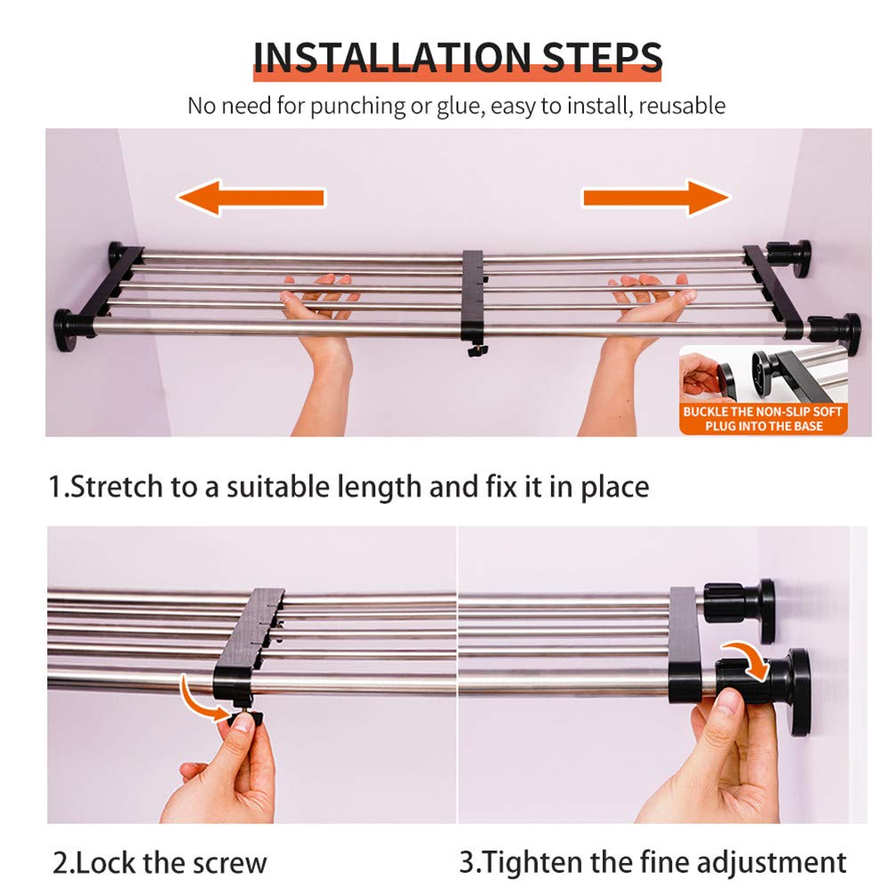 Hershii Expandable Closet Organizer - Adjustable Tension Shelf Rod, Metal Storage Rack for Wardrobe, Cabinet, Kitchen & Bathroom - DIY Divider & Space Saver (33.07-46.26 Inches, Black) - Perfect for Small Spaces, Closet Organization & Home Storage Solutions