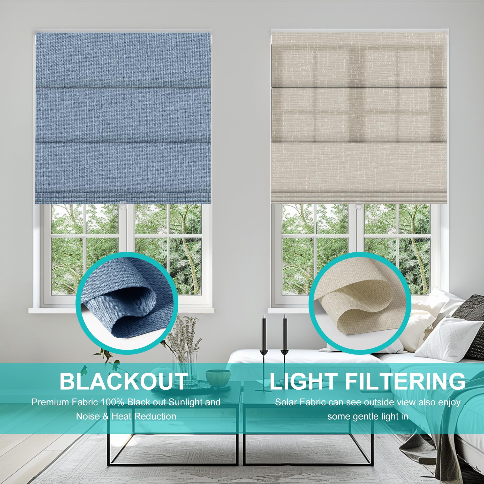 BERISSA No Drill Cordless Blackout Roman Shades - Easy Install Room Darkening Roll Up Window Blinds for Inside Mount | Custom Size Jacquard Blue Fabric | Perfect for Bedrooms, Nurseries & Home Theater Light Control