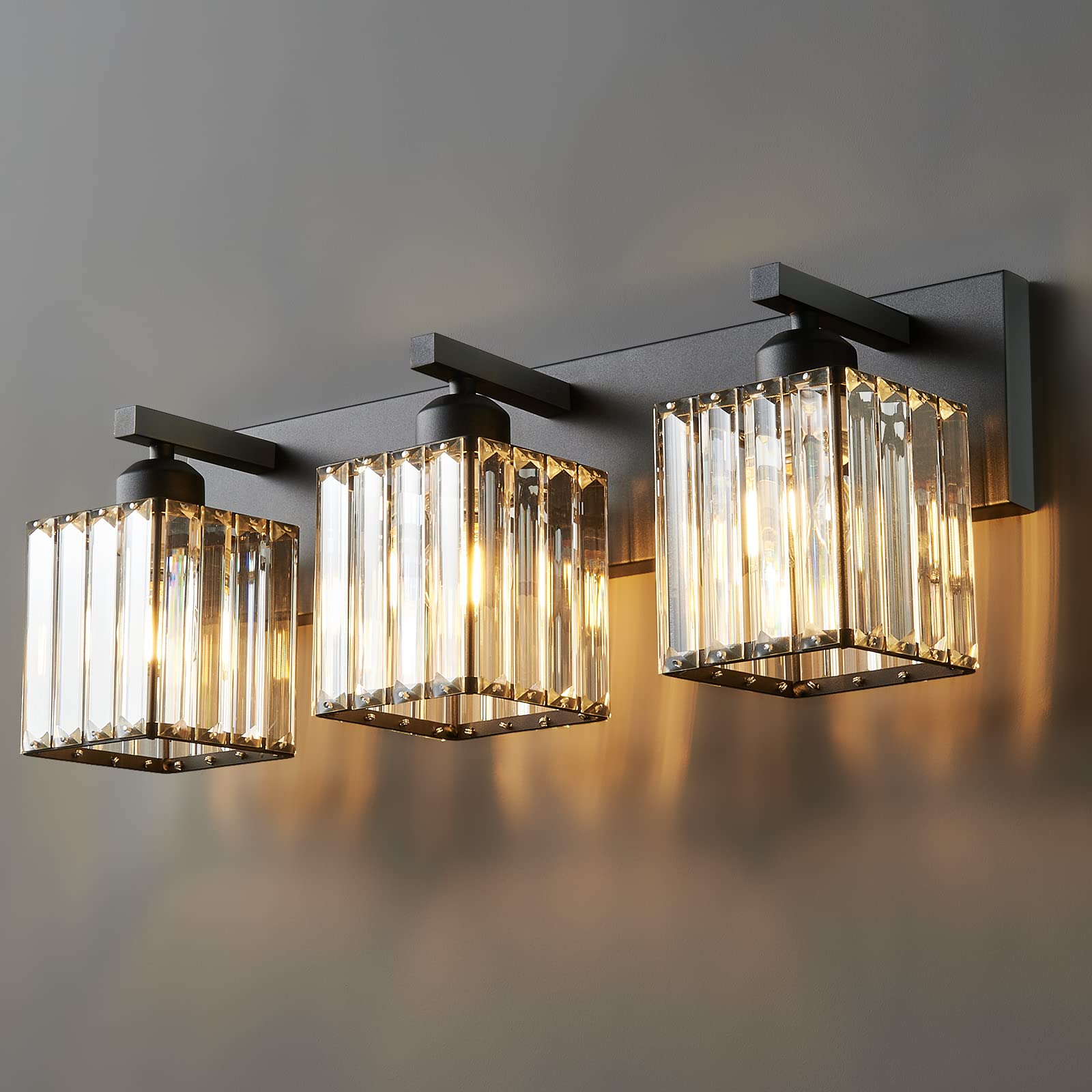 Modern Black Crystal Bathroom Vanity Light - 3-Lights Wall Sconce Fixture for Makeup Mirror & Dressing Area, Water-Resistant Elegant Lighting for Powder Room & Master Bath