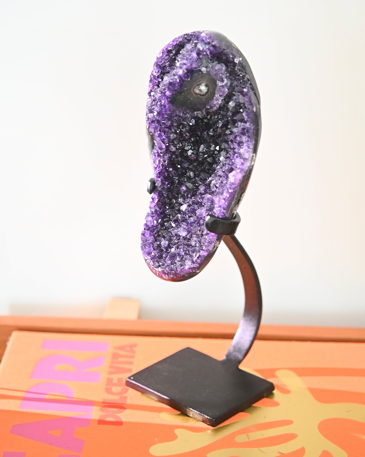 Natural Amethyst Crystal Geode on Wooden Stand - 3.8lbs Healing Stone for Home Decor, Meditation & Spiritual Gifts