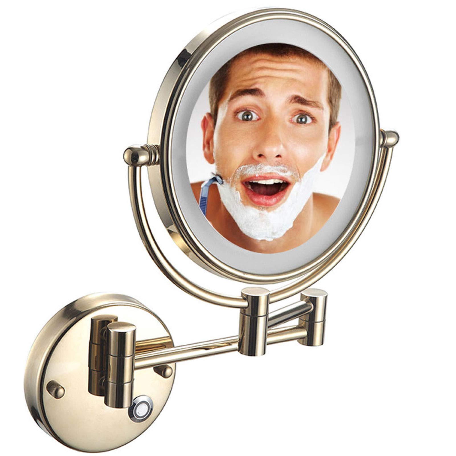 8 Inch Wall Mount Makeup Mirror with LED Lights - Double Sided 360° Swivel Vanity Mirror with 10X Magnification, Extendable Arm for Bathroom & Hotel Use - Gold Finish (Plug-in)