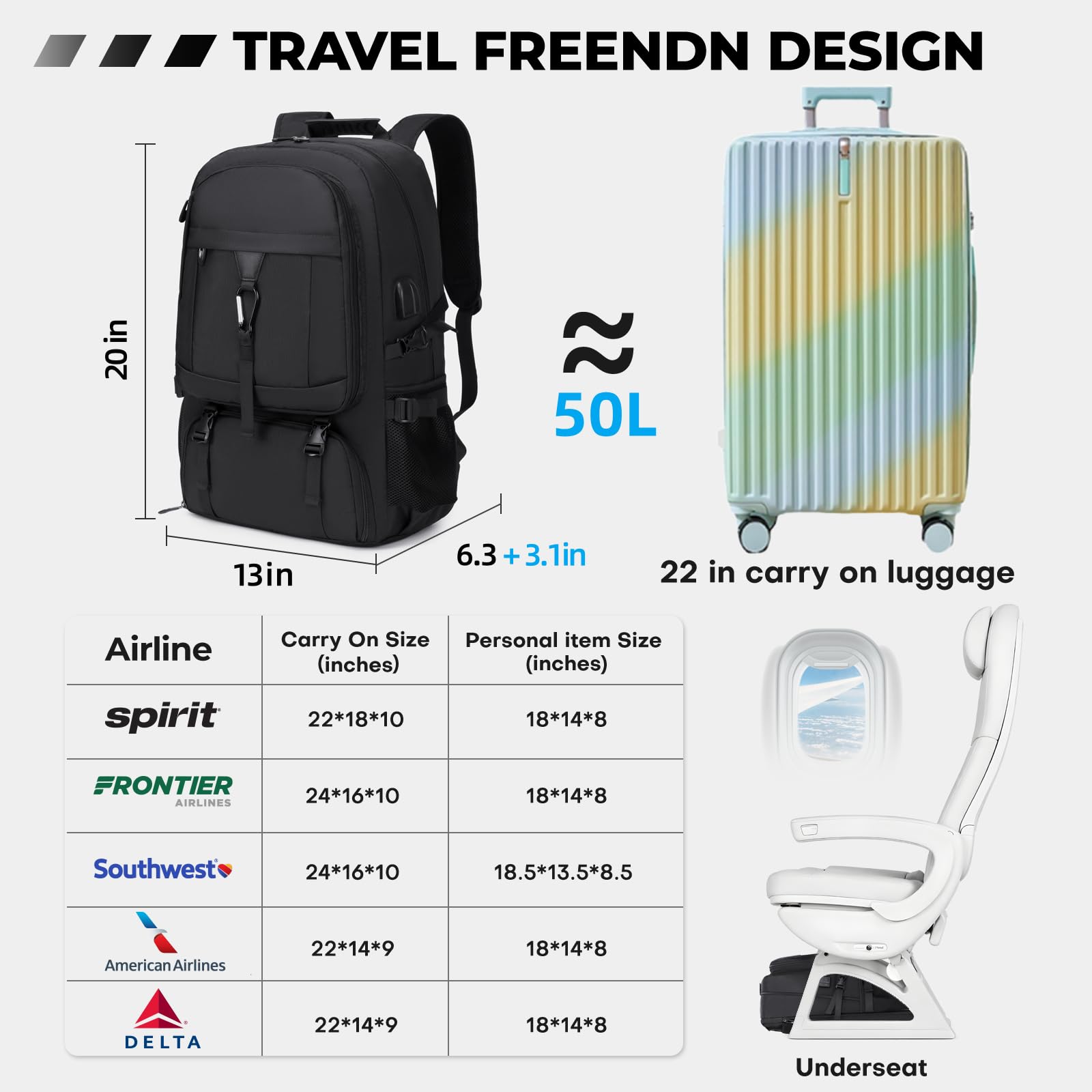 17.3 Inch Large Gym Backpack with Shoe Compartment - 50L Travel Backpack with Multiple Compartments, USB Charging Port & Anti-Theft Design - Airline Approved Carry-On Backpack for Men & Women - Perfect for Gym, Travel, Work & Business Trips