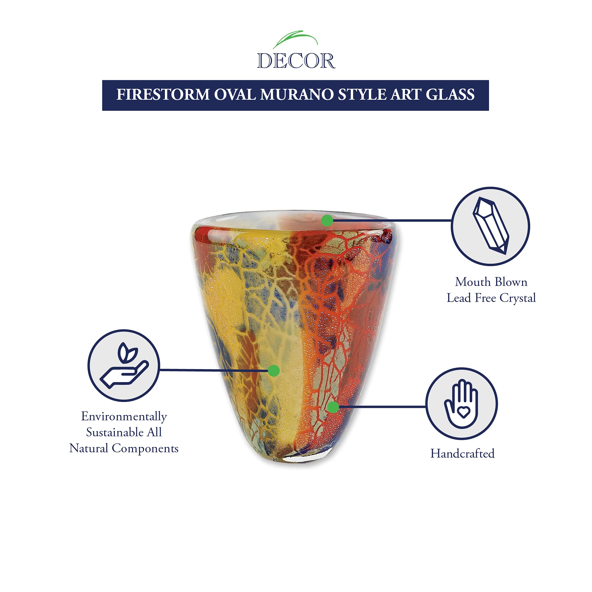 Badash - Firestorm Oval Murano Style Art Glass 8 Inch Vase - Elegant Home Decor for Living Room, Dining Table, or Wedding Centerpiece