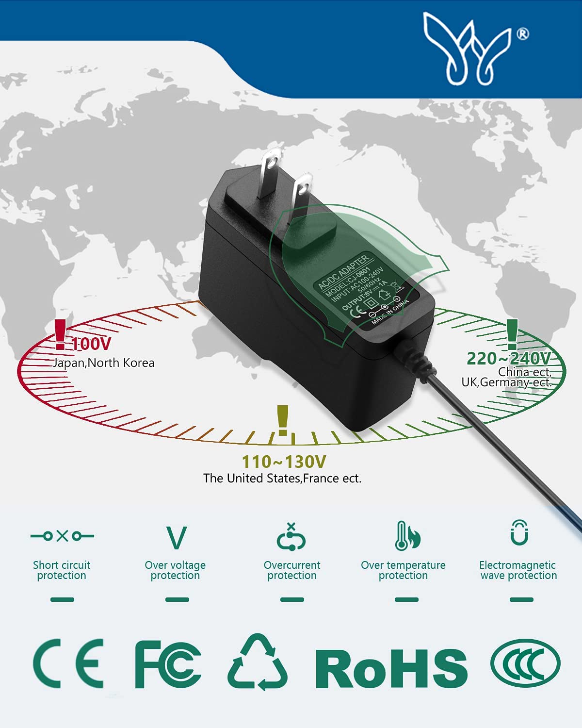 6V 2A Power Adapter 100-240V AC to DC Converter with 5.5x2.5mm Tip - Universal Power Supply for Arm Blood Pressure Monitor, Soap Dispenser, Trash Can, Doorbell, Alarm, Shaver, Lamp, Clock, Baby Monitor & Swing - Perfect for Home, Office & Medical Devices