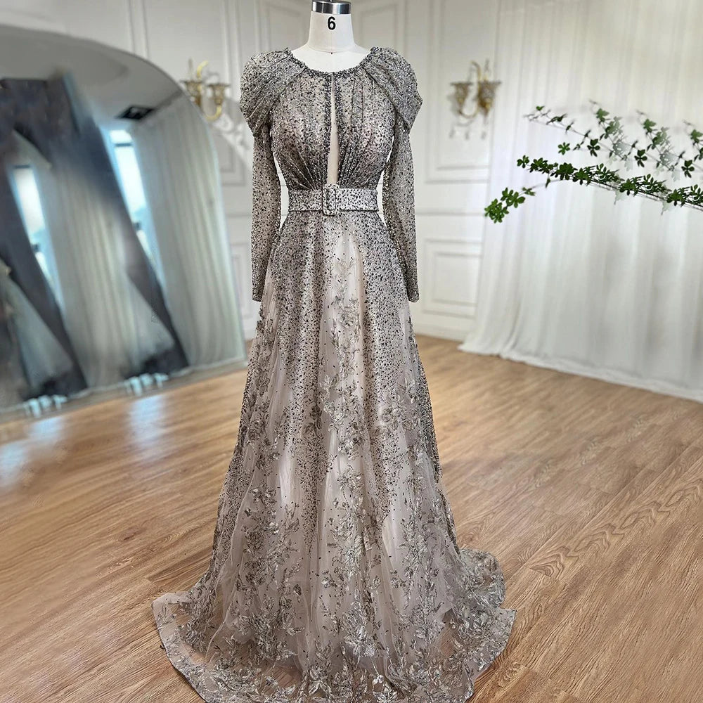Luxury Dubai Blue Muslim Lace Beaded Evening Gowns for Women - Elegant A-Line Long Sleeve Wedding Party Dresses 2025 | Perfect for Formal Events, Bridal Showers & Special Occasions