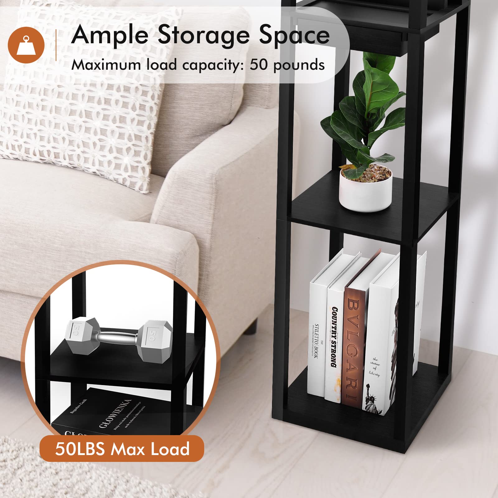 BrightHome Modern Floor Lamp with Shelves and Drawer - Tall Standing Lamp with 2 USB Ports & 1 Outlet - Solid Wood Storage Shelf Lamp for Living Room, Bedroom, Office - Perfect for Reading, Working & Charging Devices