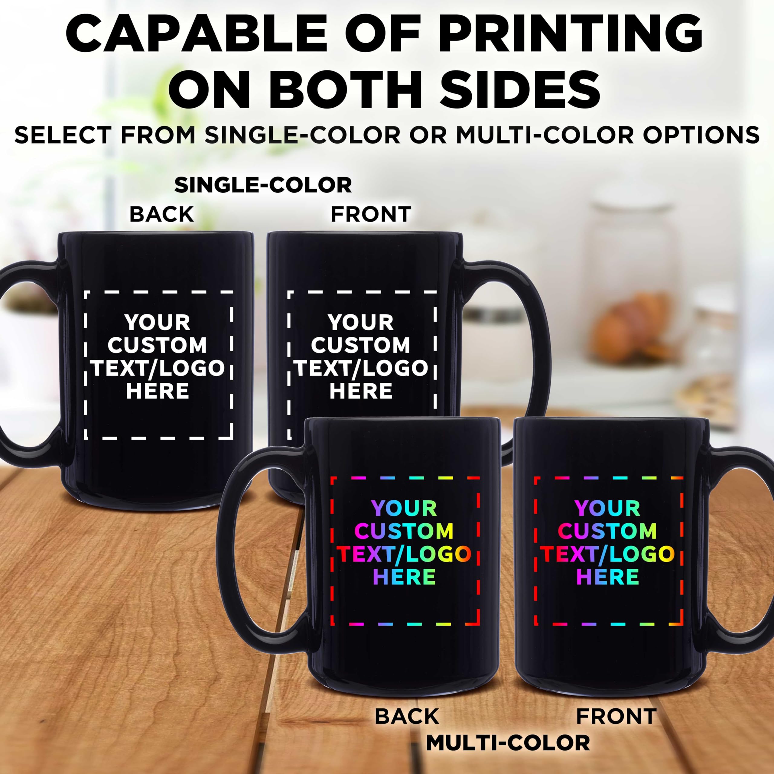 Custom Large 15 oz Ceramic Coffee Mugs - Bulk Set of 100 Personalized Black Mugs for Coffee, Tea, Espresso & Hot Cocoa - Ideal for Cafes, Restaurants, Corporate Gifts & Promotional Events