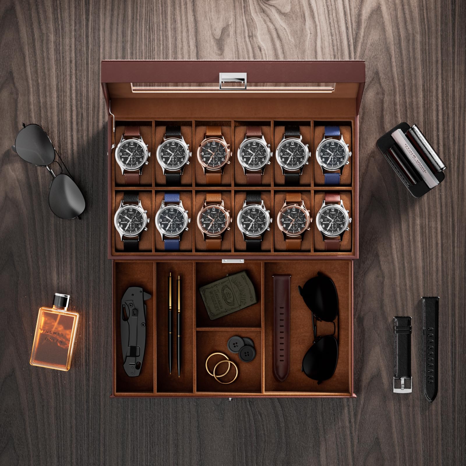 ProCase 12-Slot Watch Box for Men & Women - 2-Layer Watch Organizer with Glass Lid & Drawer - Jewelry & Watch Storage Case (Espresso) - Perfect for Watch Collectors & Gift Giving