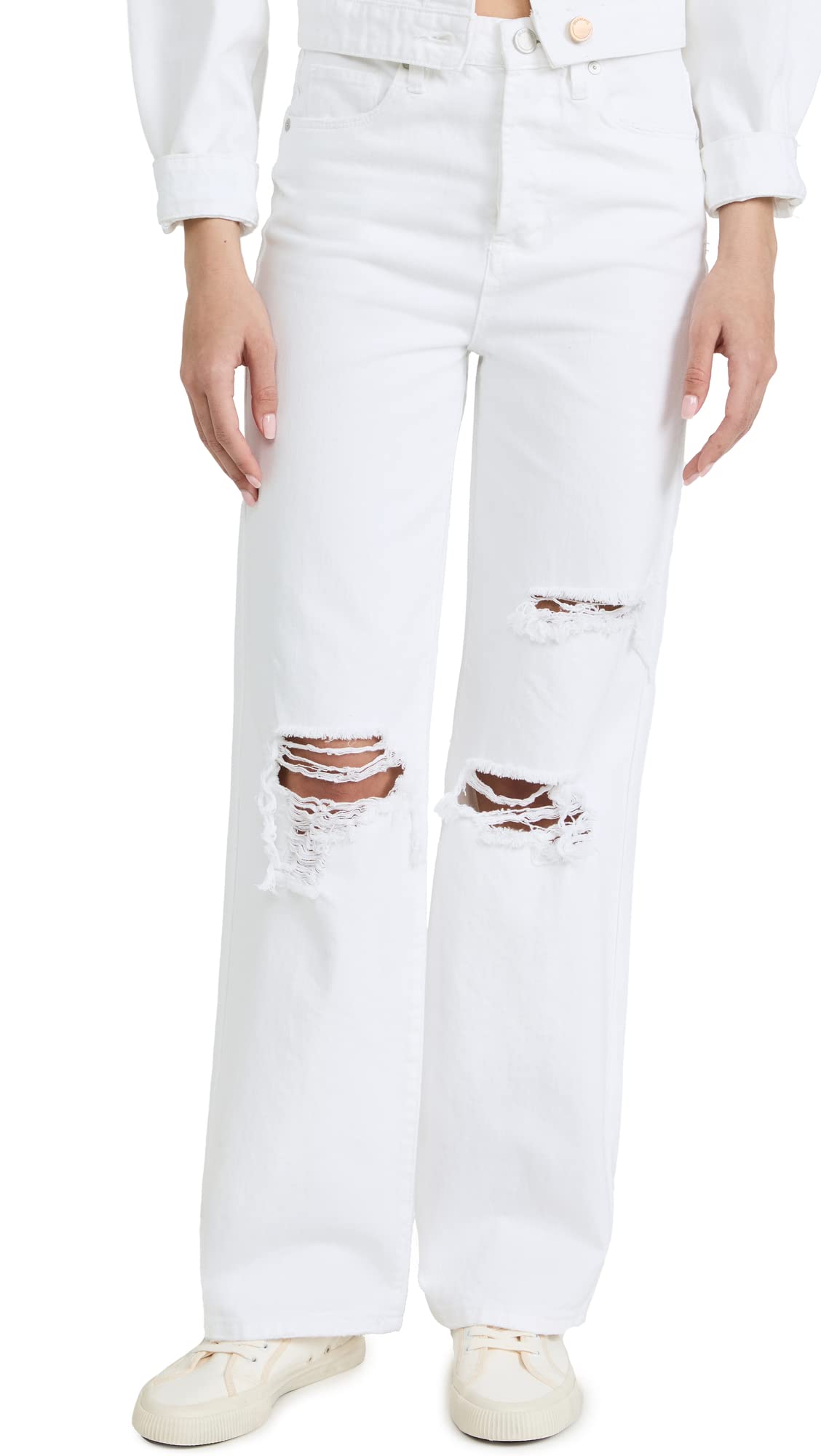 BLANKNYC Women's High Rise Ripped Knee Distressed White Jeans - Trendy Designer Denim Pants for Casual Outfits & Streetwear Fashion