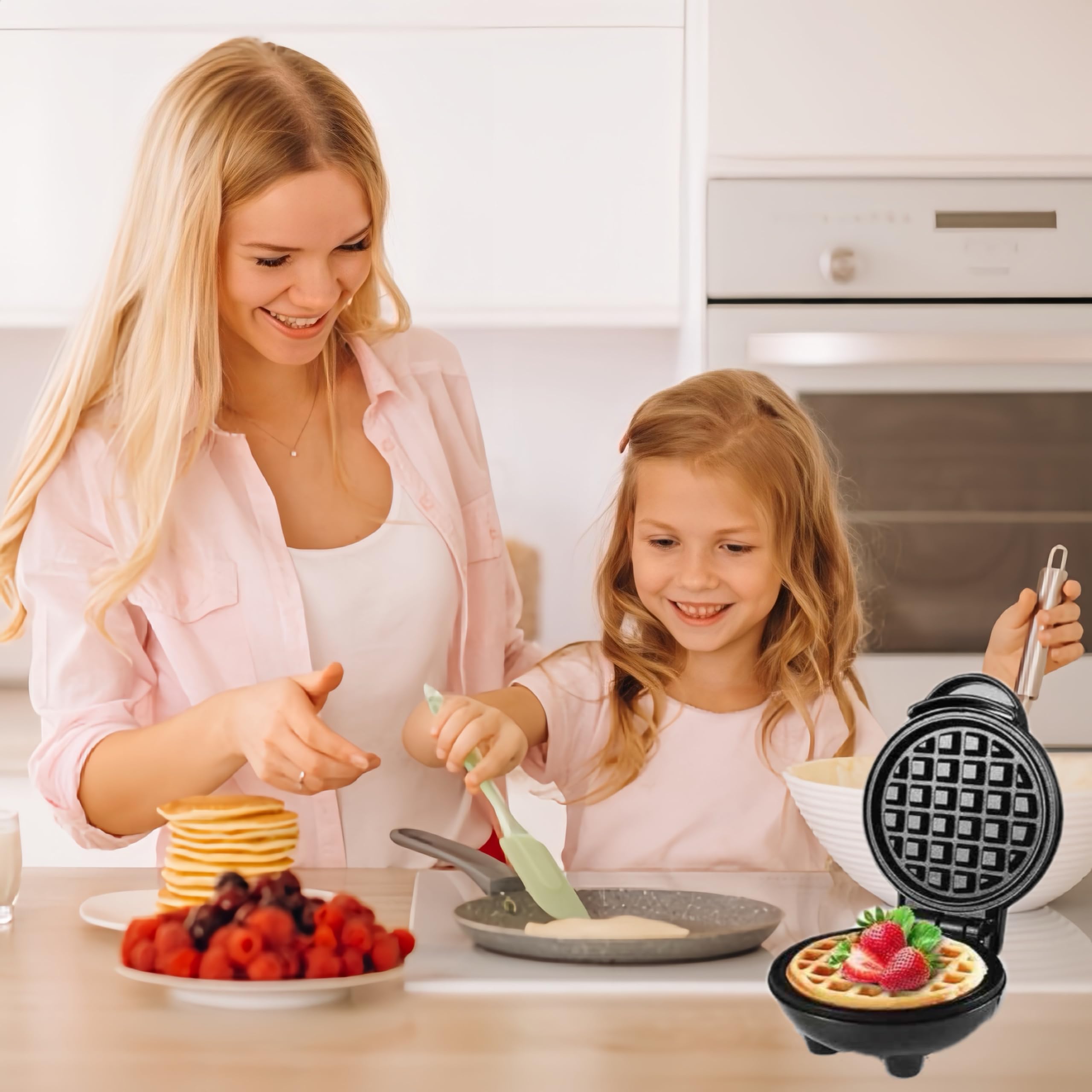 3-in-1 Mini Waffle Maker with 5 Removable Plates - Make Waffles, Donuts, Pancakes & Eggs - Compact Breakfast Appliance for Kids & Adults - Easy to Clean & Store - Perfect Holiday Gift (Black) - Ideal for Small Kitchens, Dorms, Camping & Quick Breakfasts