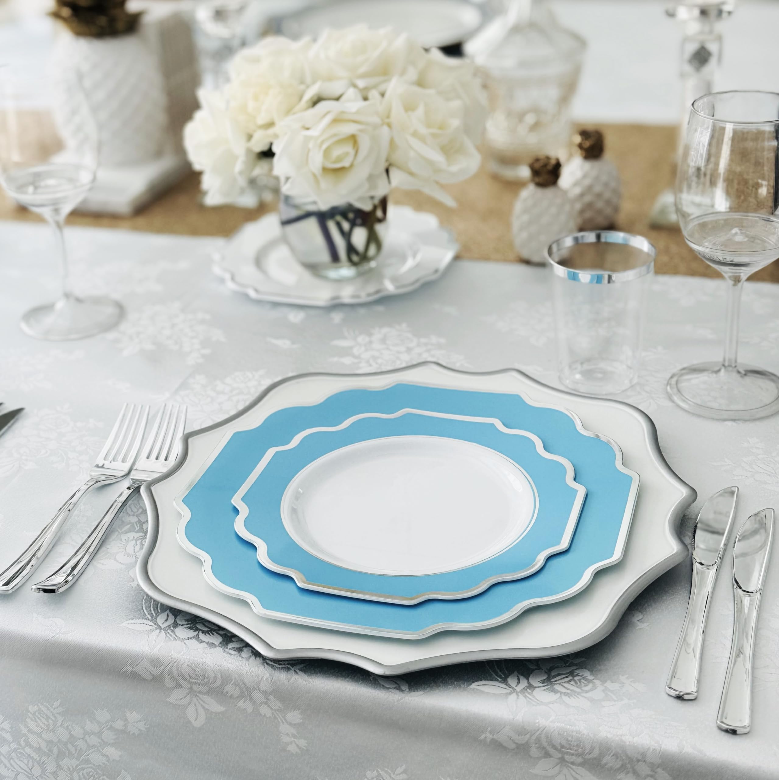 120 Heavyweight Disposable Plastic Plates for Weddings & Parties - 10.5'' Dinner Plates in Imperial Turquoise Blue/Green & Silver - Elegant Tableware for Birthday Celebrations, Baby Showers & Special Events