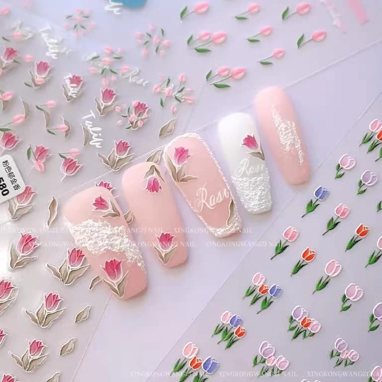 Tulip Nail Art Stickers - Floral Nail Decals for Spring, Embossed Flower Nail Stickers (3 Sheets) | Perfect for DIY Manicures, Nail Salon Decorations & Spring Nail Designs