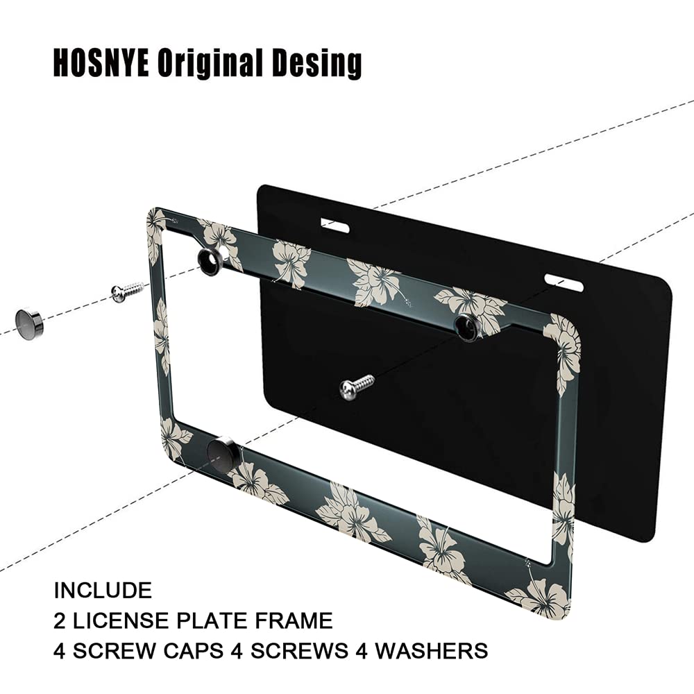 HOSNYE 2-Pack Black Metal Hibiscus Flower License Plate Frame - Tropical Aloha Hawaiian Style with 2 Holes - Durable Front License Plate Cover for US Vehicles (Men & Women) - Perfect for Beach Cars, Summer Road Trips & Hawaiian-Themed Decor