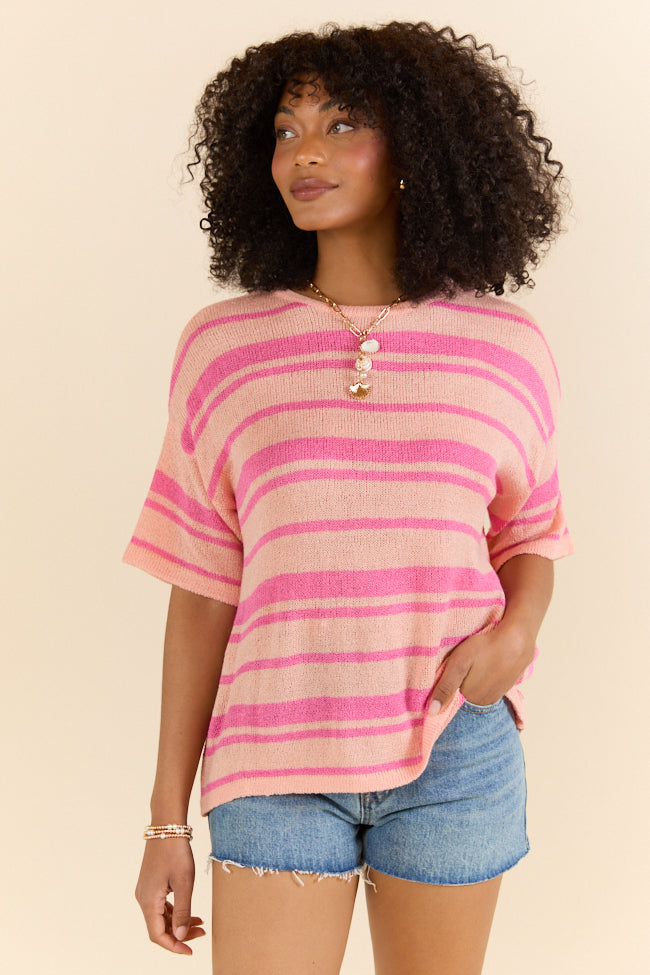 Beside Me Coral & Pink Striped Short Sleeve Sweater for Women | Soft Knit Pullover | Casual Spring Summer Top | Perfect for Beach Outings & Weekend Brunch