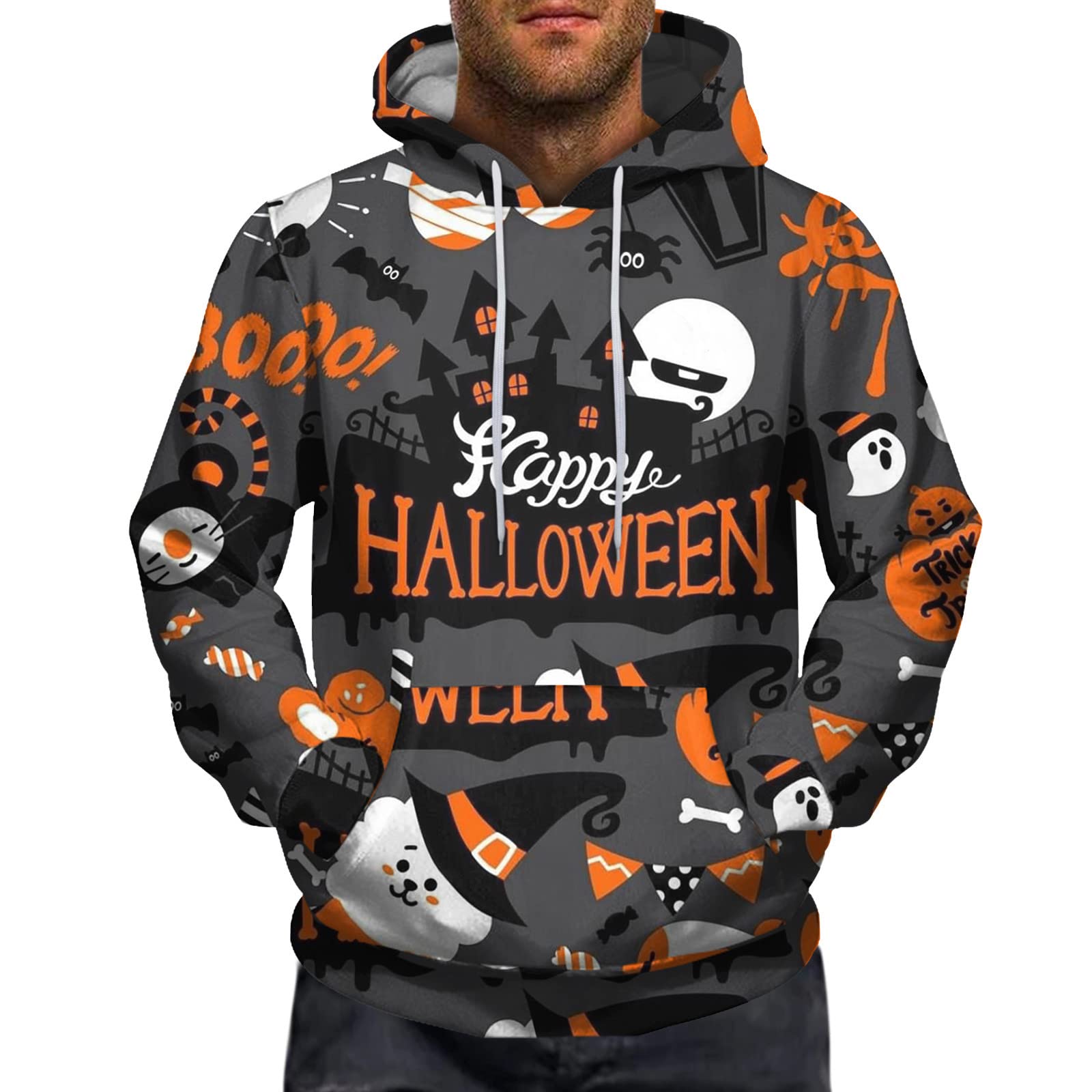 Funny Jack O' Lantern Pumpkin Face Halloween Hoodie - Adult & Youth Pullover Sweatshirt (Grey) | Halloween Costume, Party Outfit, Trick or Treating