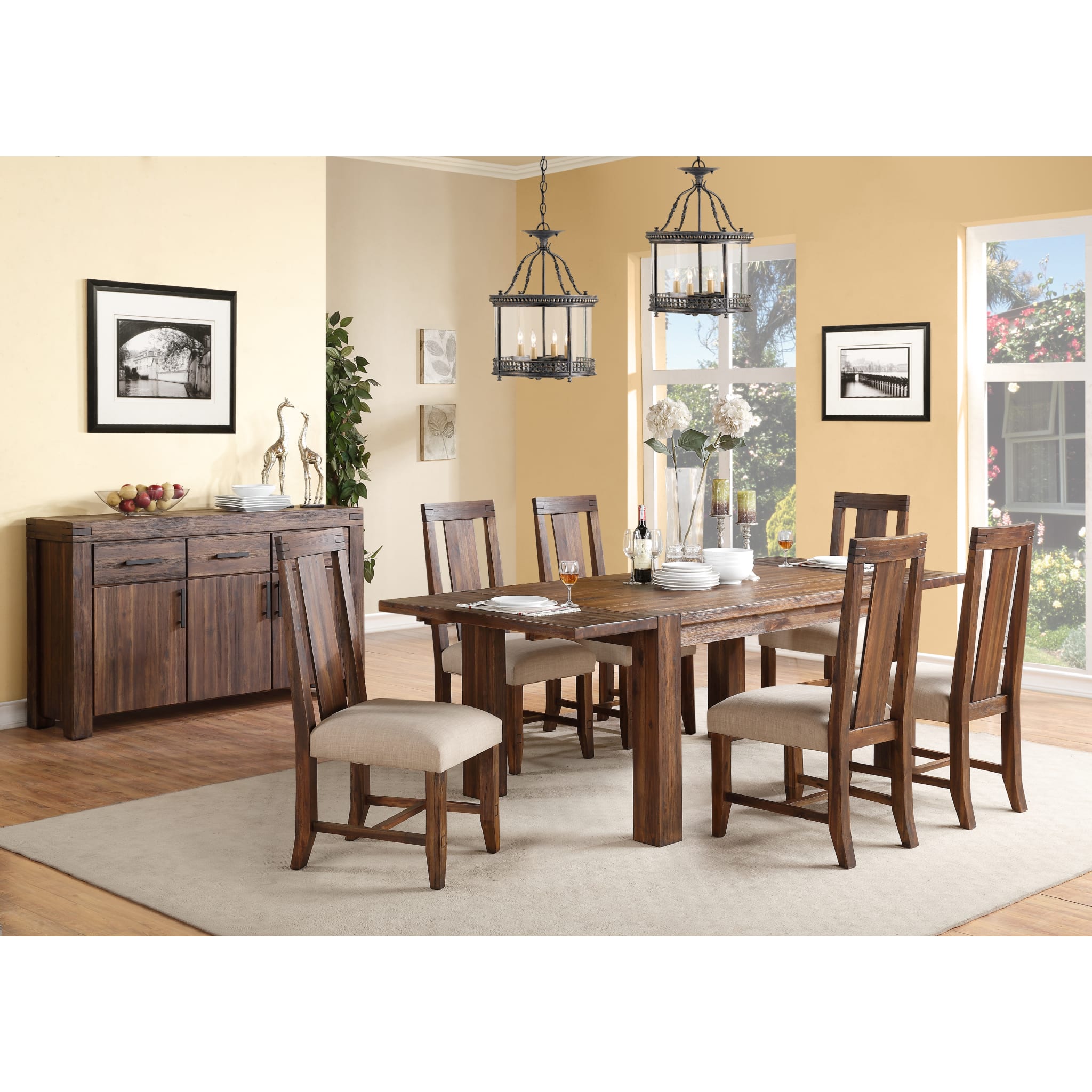 Solid Wood Extending Dining Table - Brick Brown Finish - Expandable Farmhouse Style Table for Family Gatherings & Dinner Parties